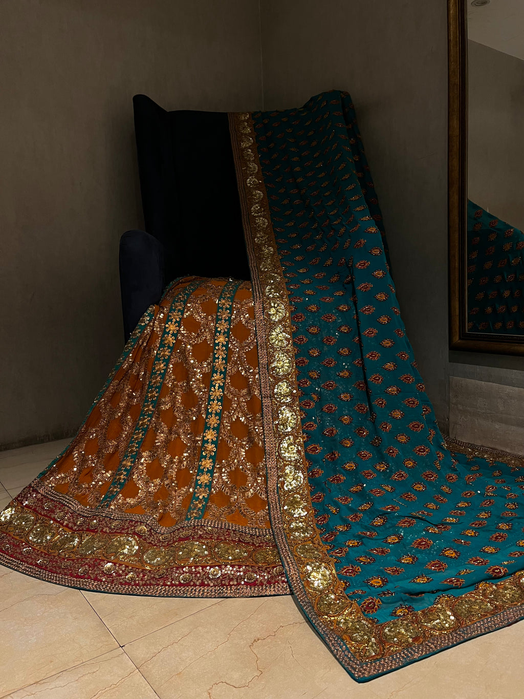 Rust Orange Sequins Lehenga set