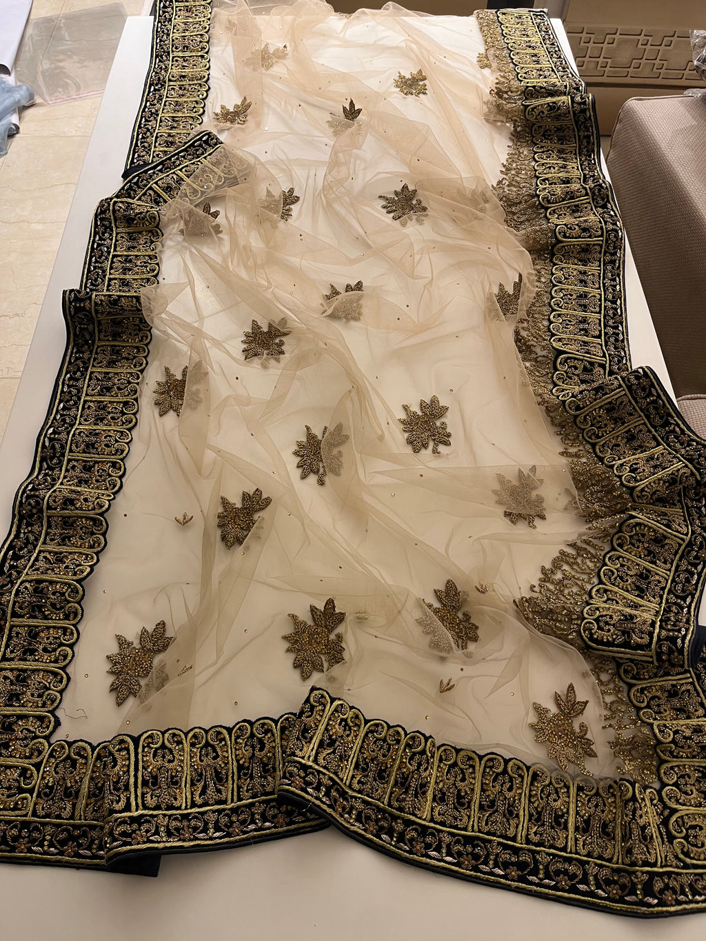 Beige Net & Velvet Saree