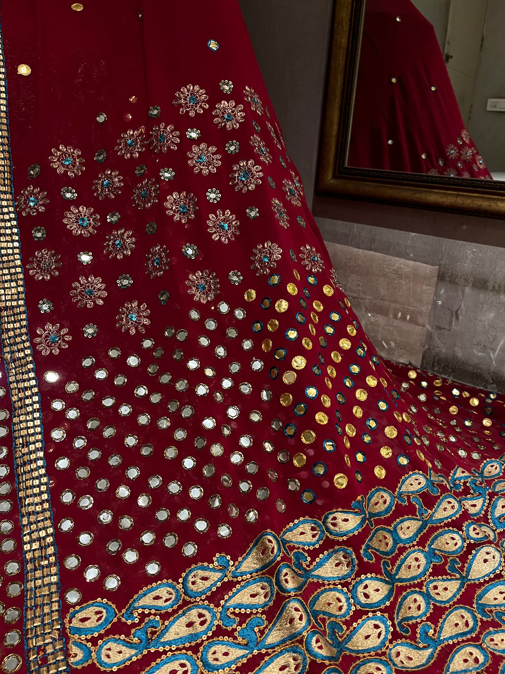 Deep Red Mirror work lehenga set