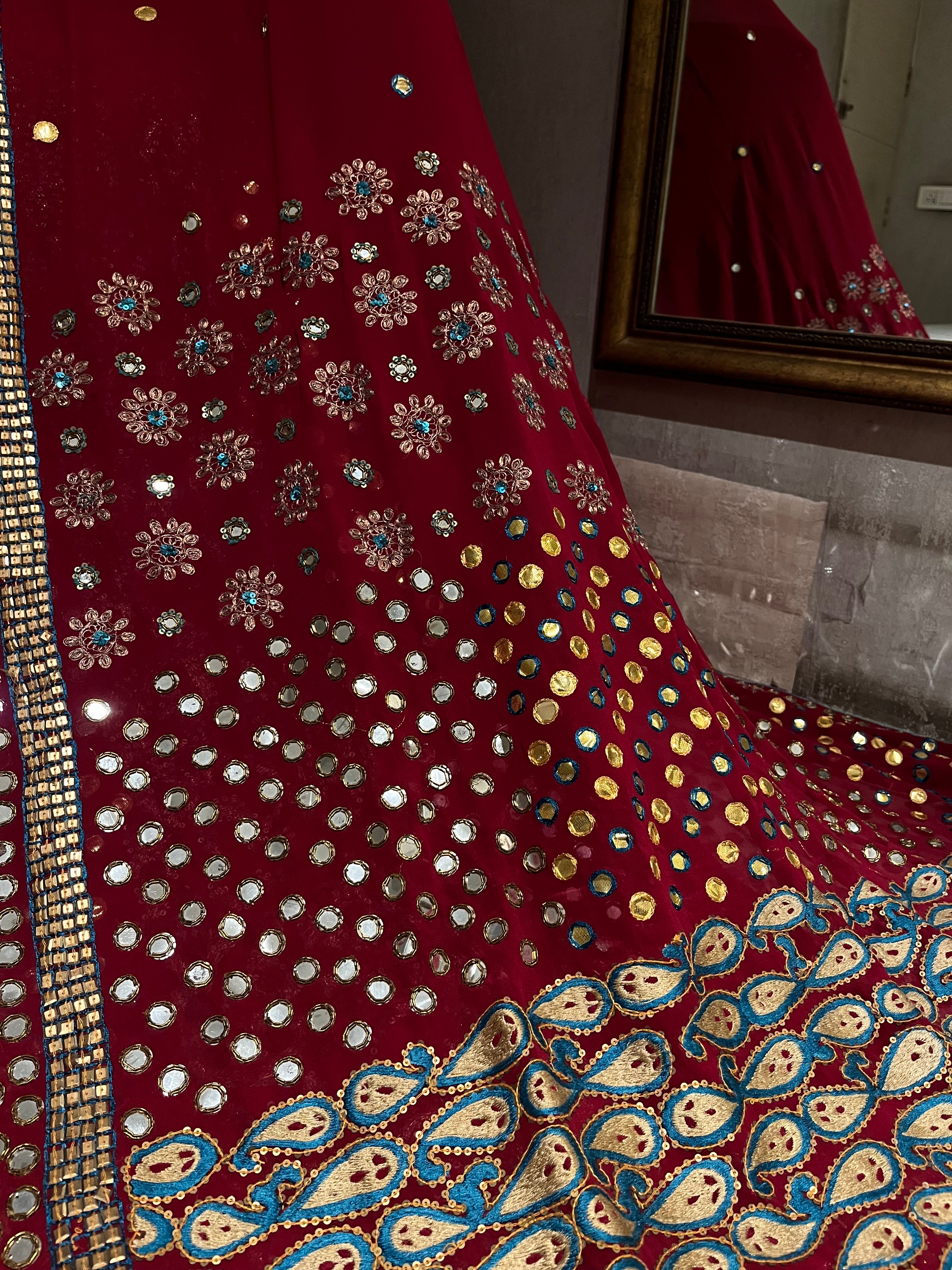 Deep Red Mirror work lehenga set