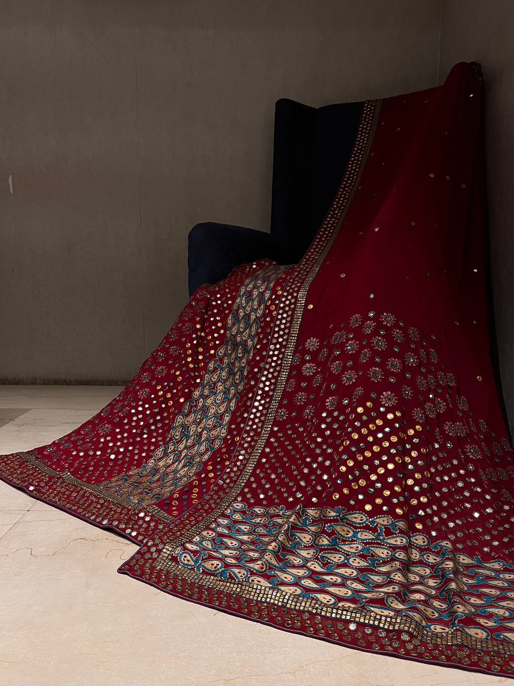 Deep Red Mirror work lehenga set