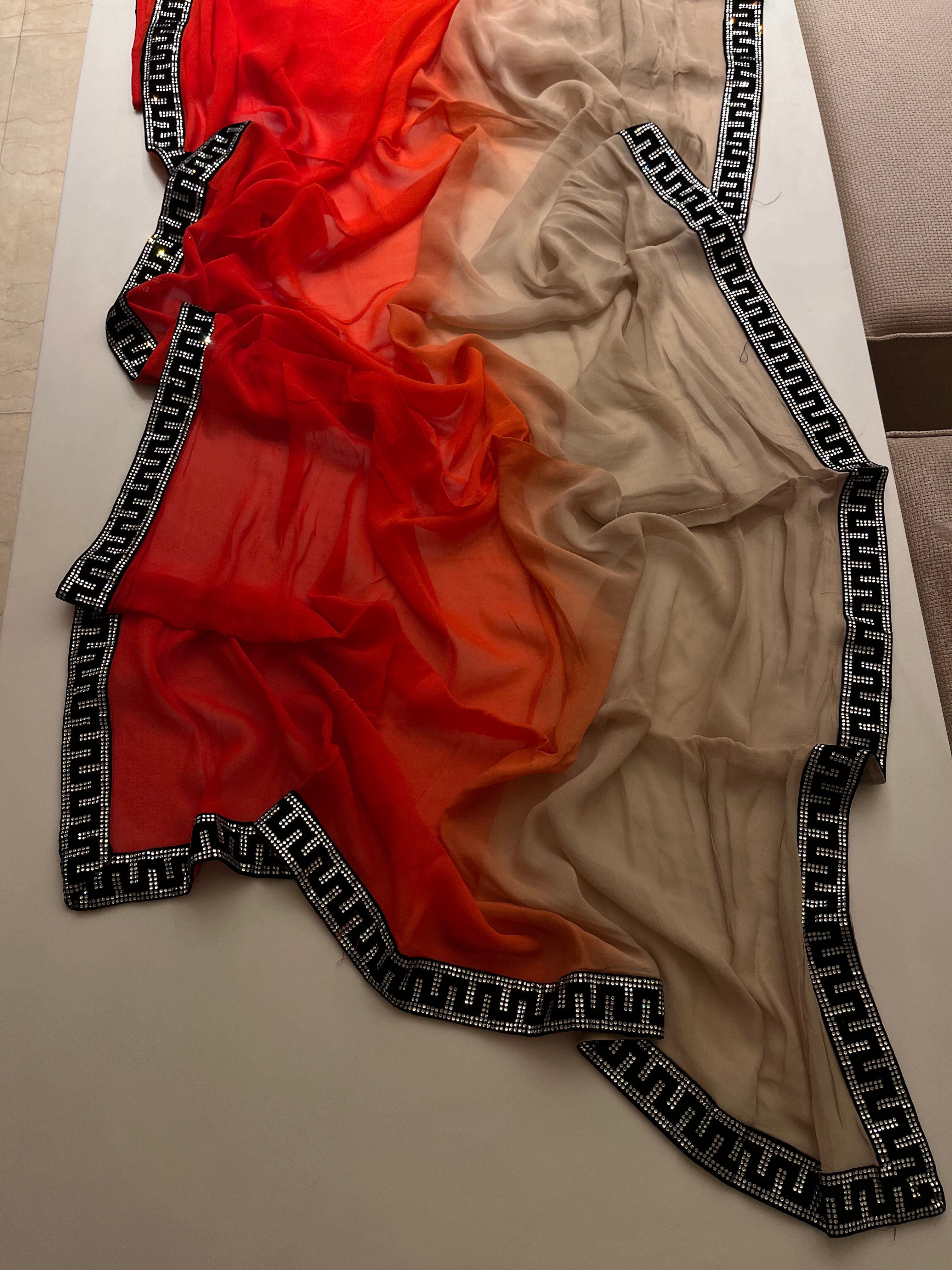 sunset ombré satin crape saree