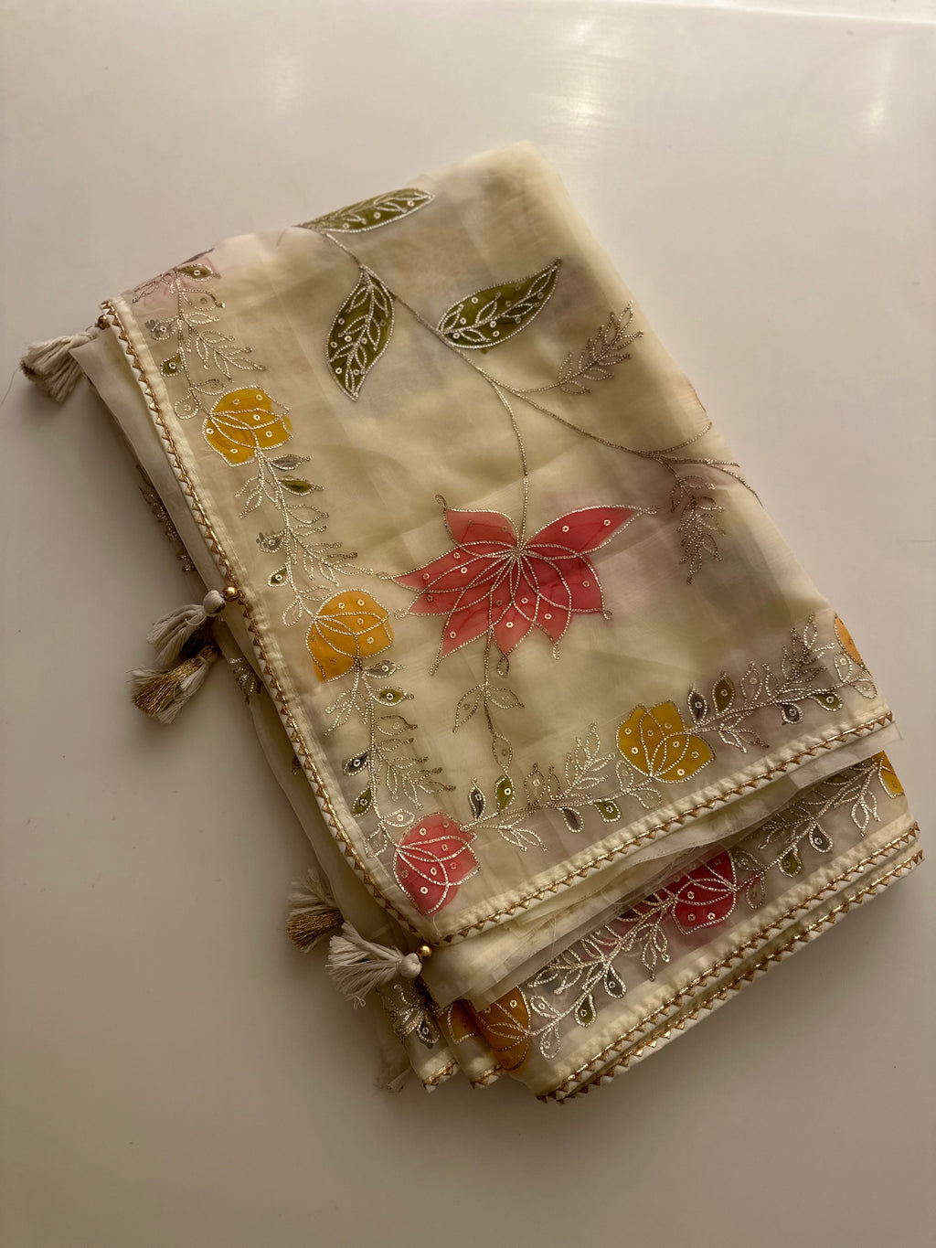 Cream Hand Appliqué Organza saree