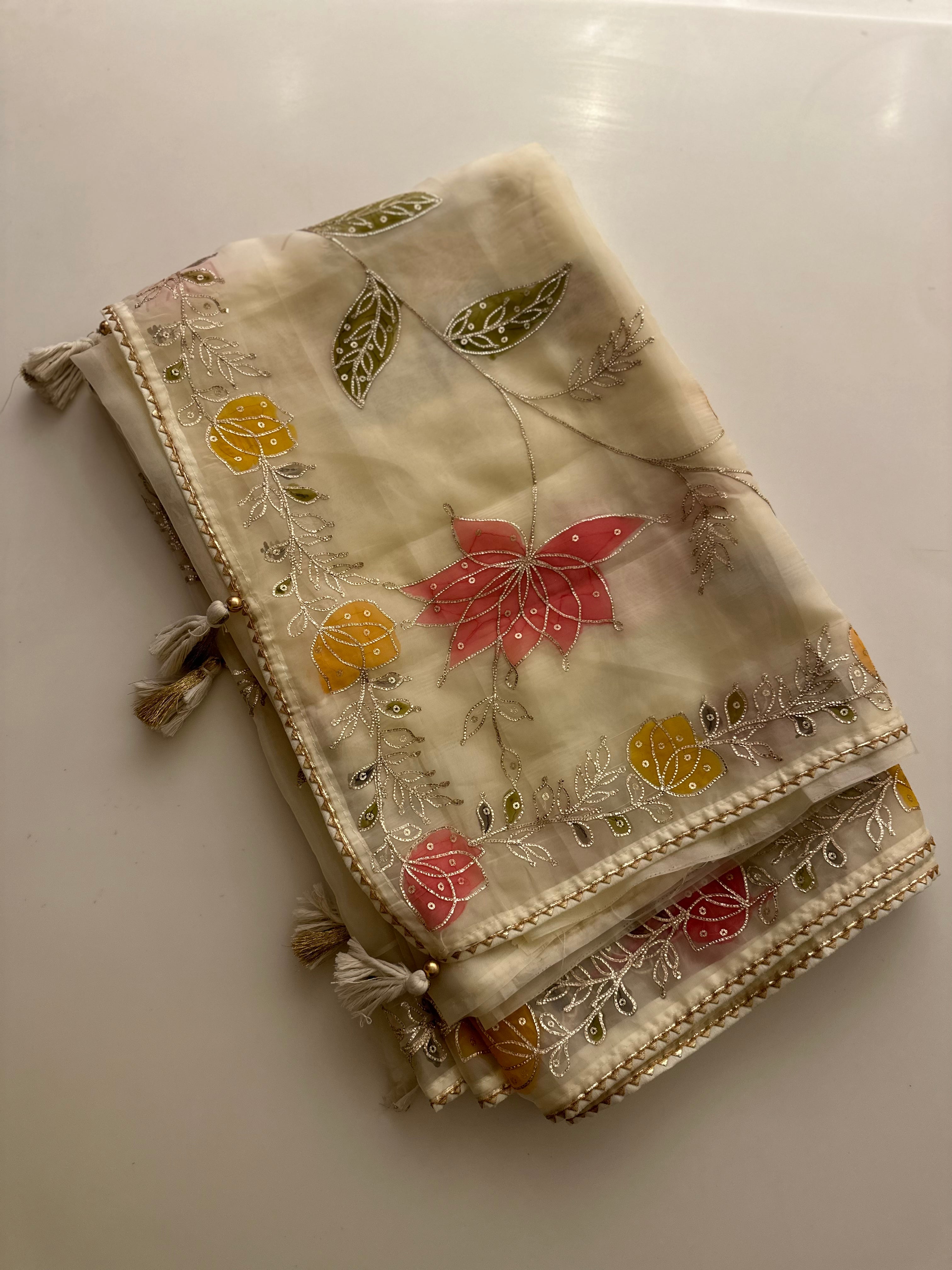 Cream Hand Appliqué Organza saree