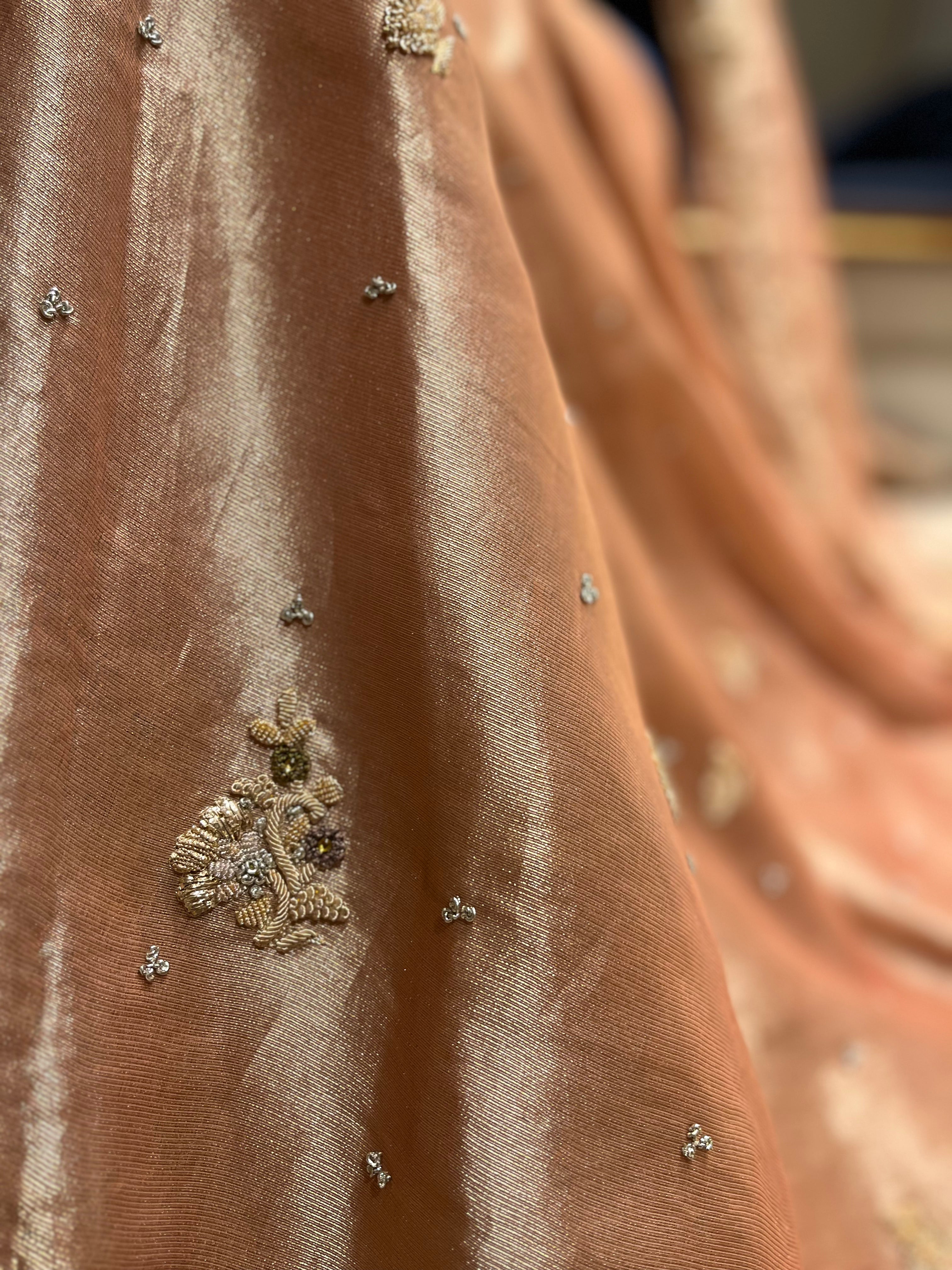 Antique zardosi Peachish Gold Lehenga