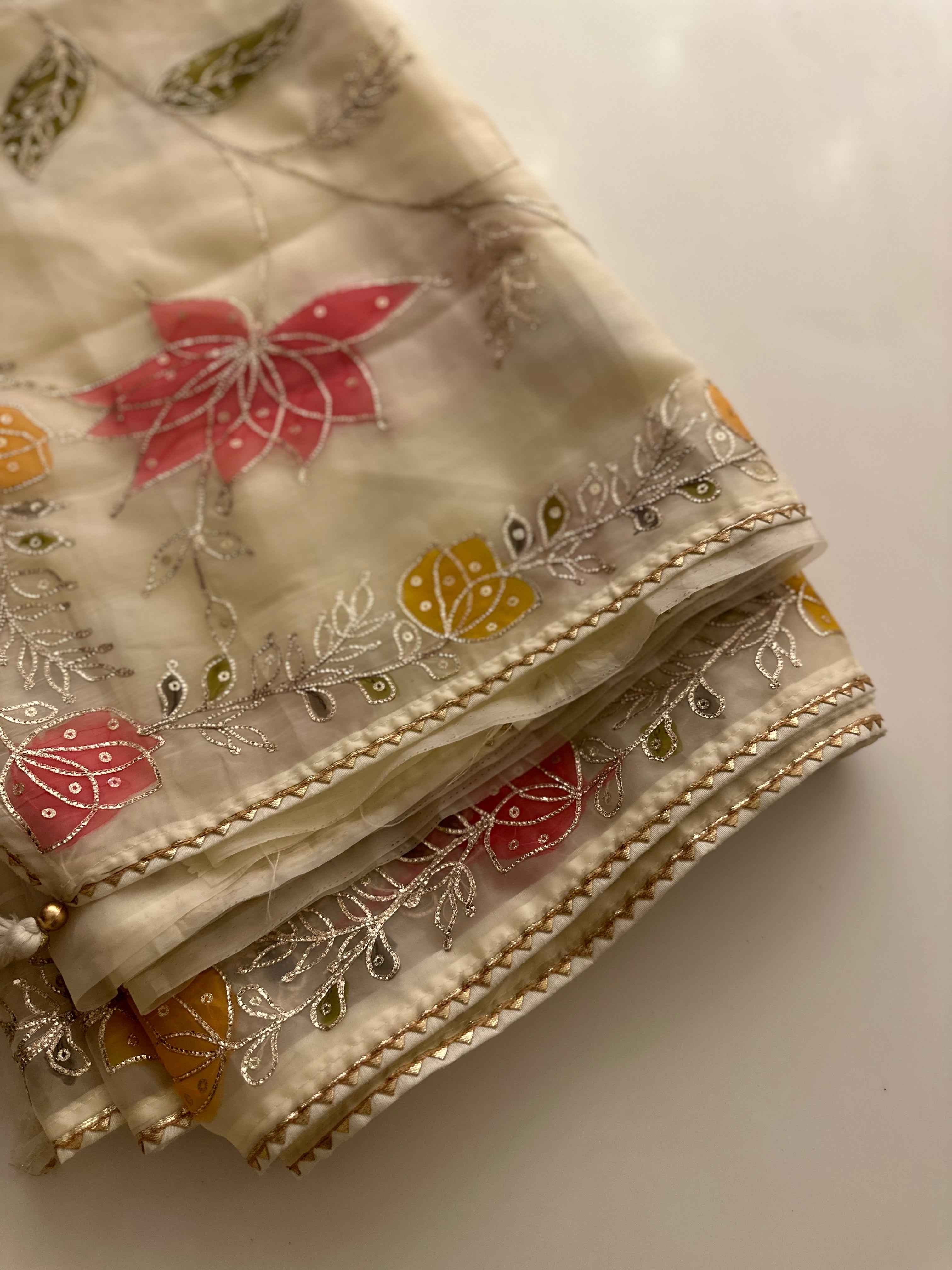 Cream Hand Appliqué Organza saree
