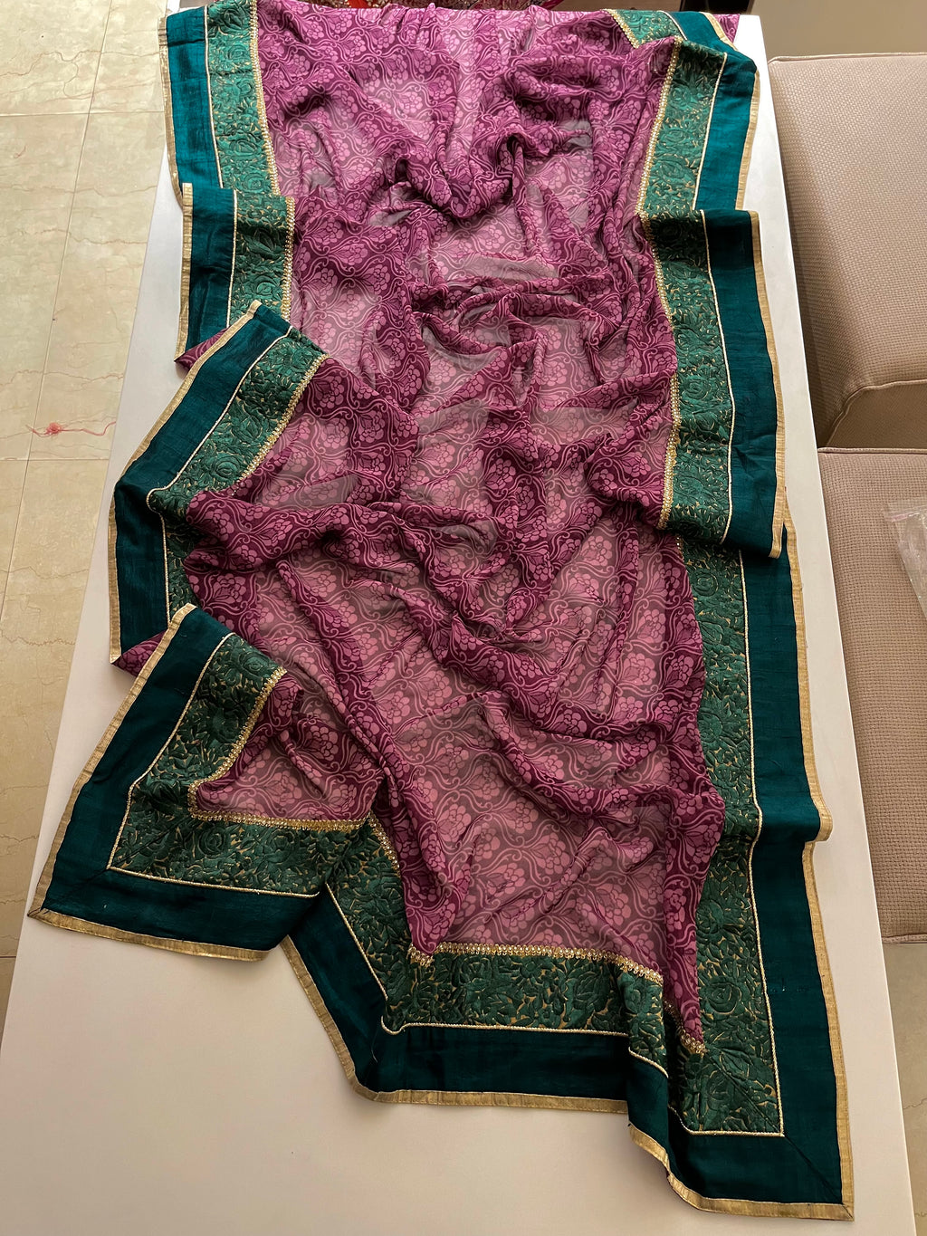 wine and green printed saree