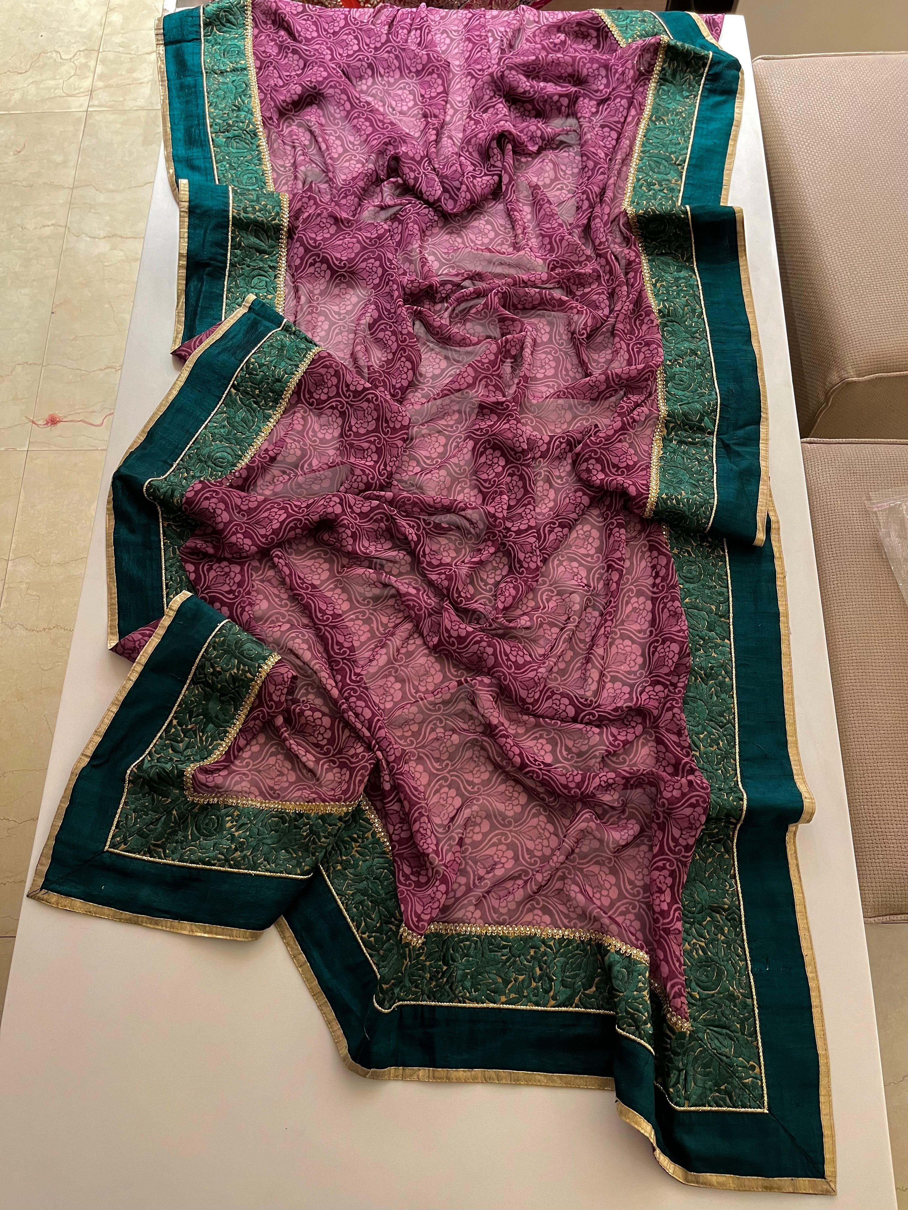 wine and green printed saree