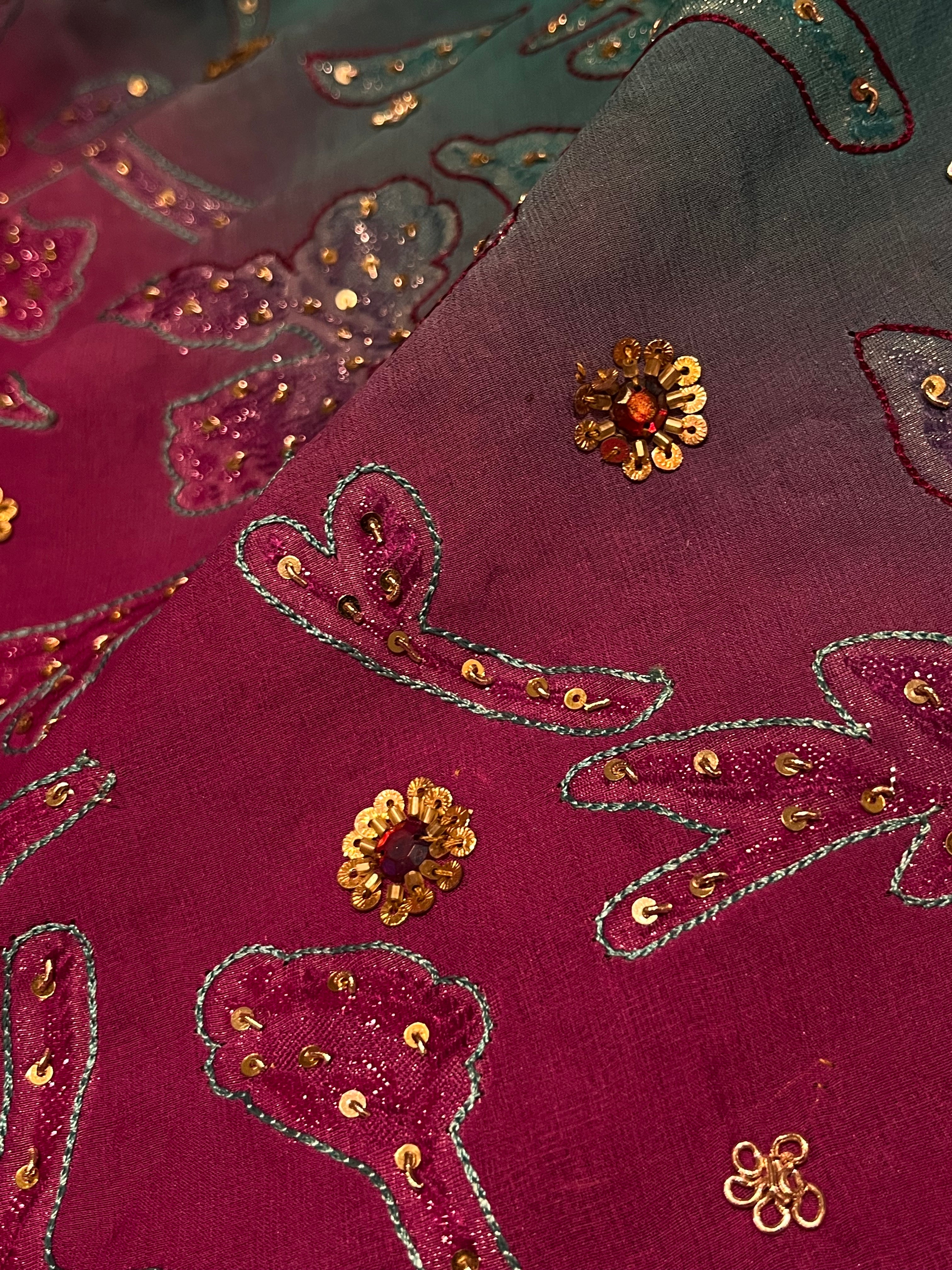 Firozi & Pink Ombré Georgette Lehenga