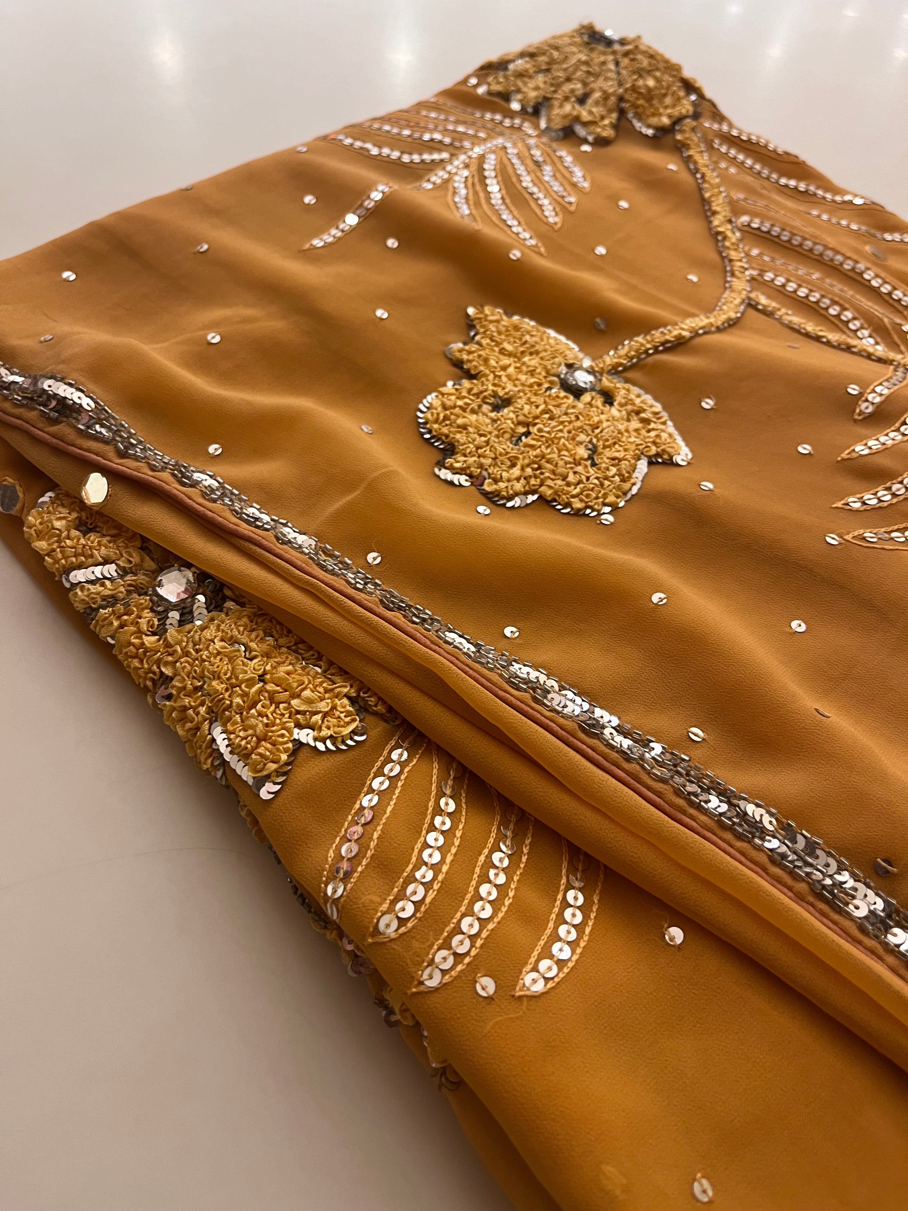 yellow flower georgette saree