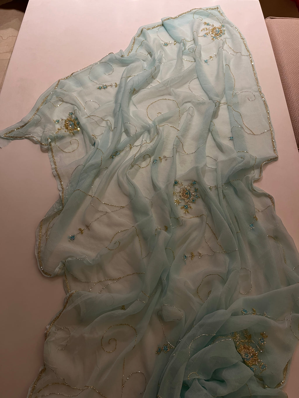 Aqua Blue pure chiffon saree