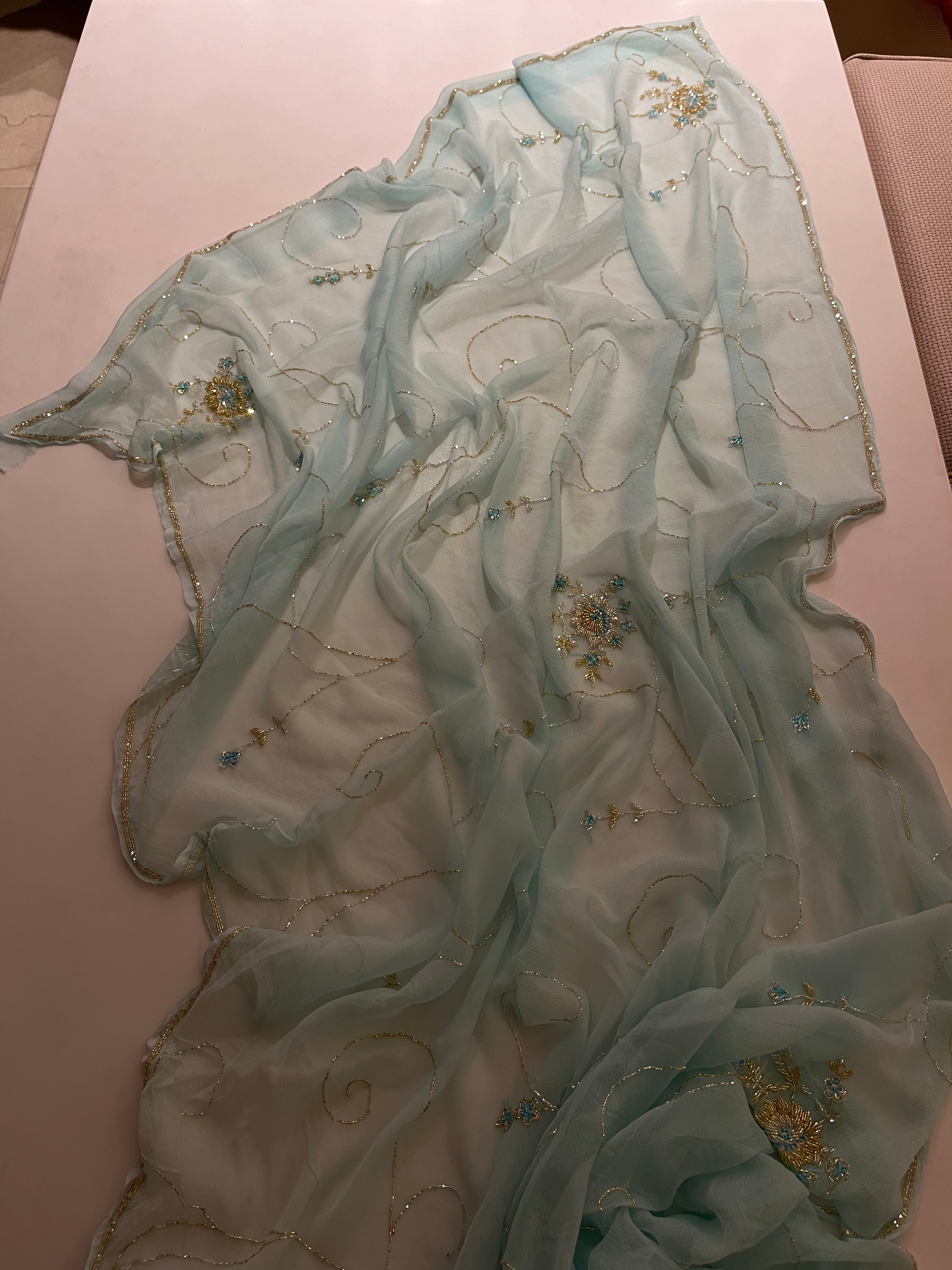 Aqua Blue pure chiffon saree