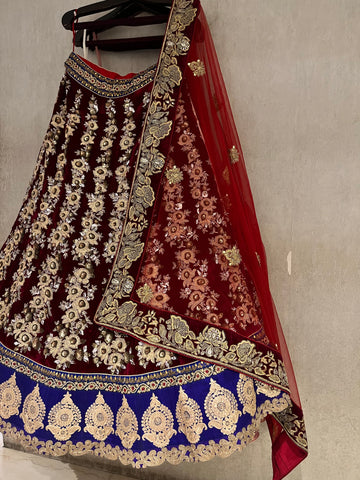 Mahroon Velvet Bridal Lehenga Set