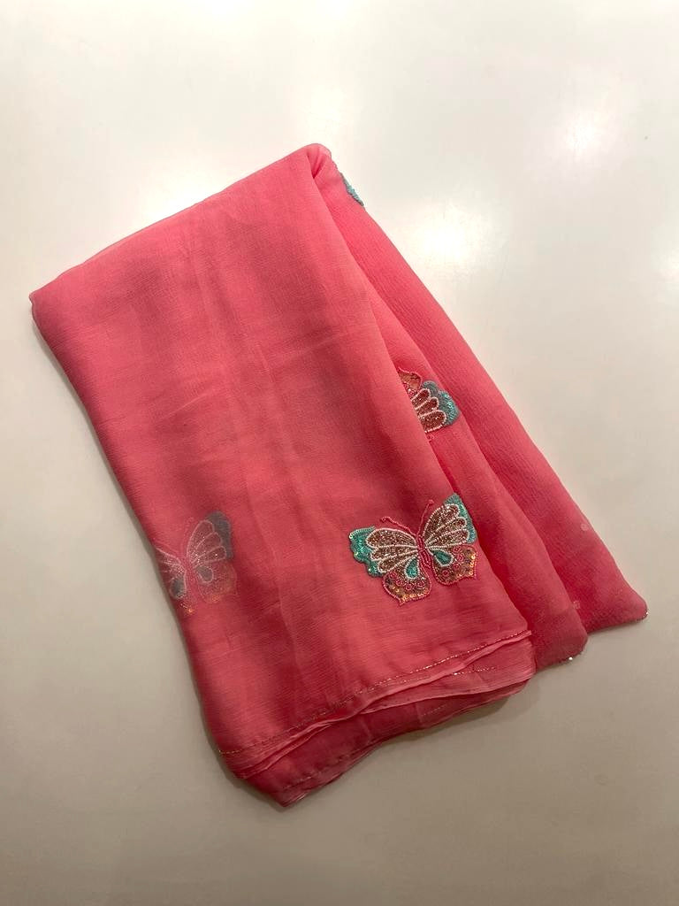 Jolie Peach Pink chiffon saree
