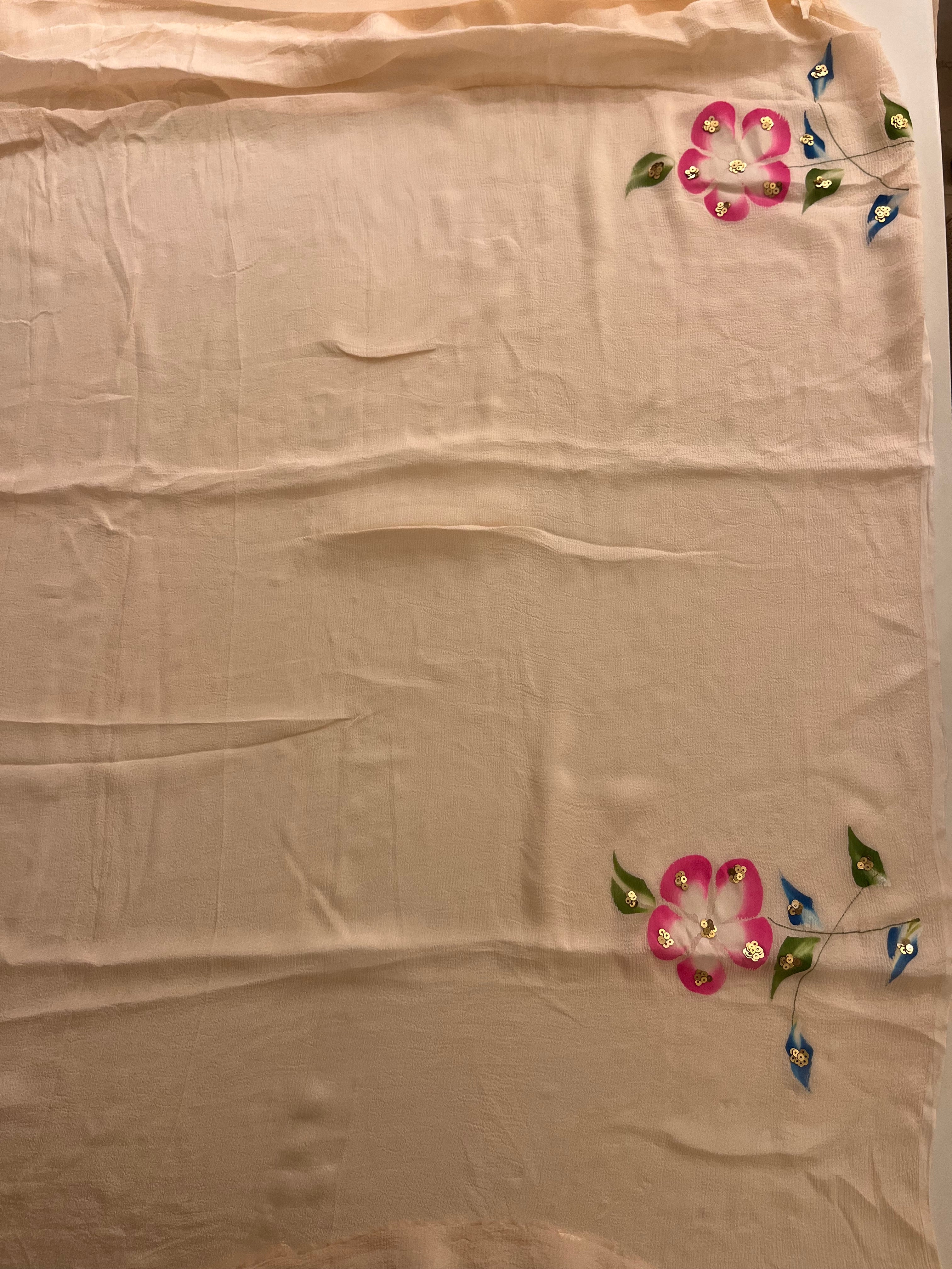 Handpainted Peach flora saree