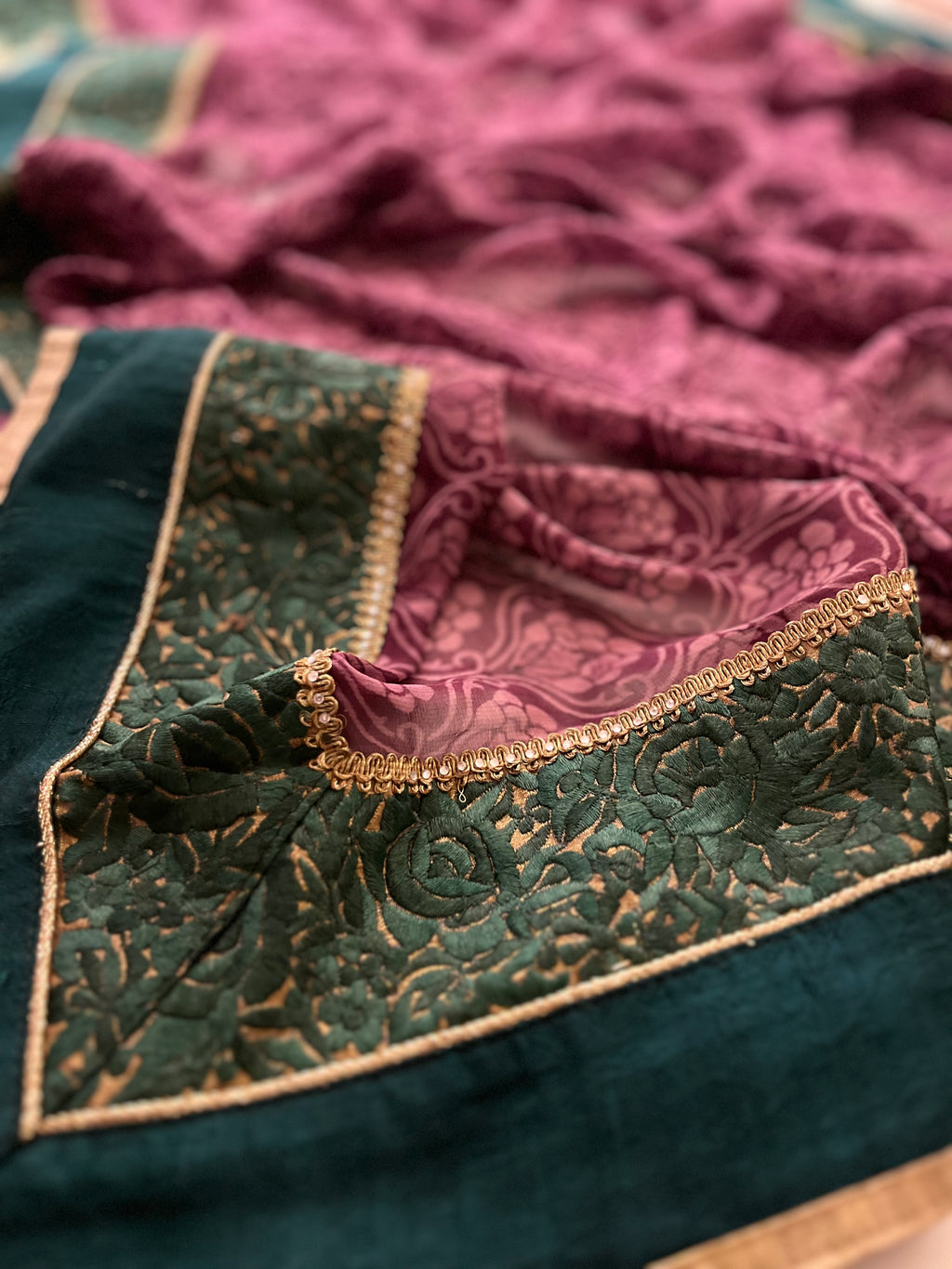 wine and green printed saree