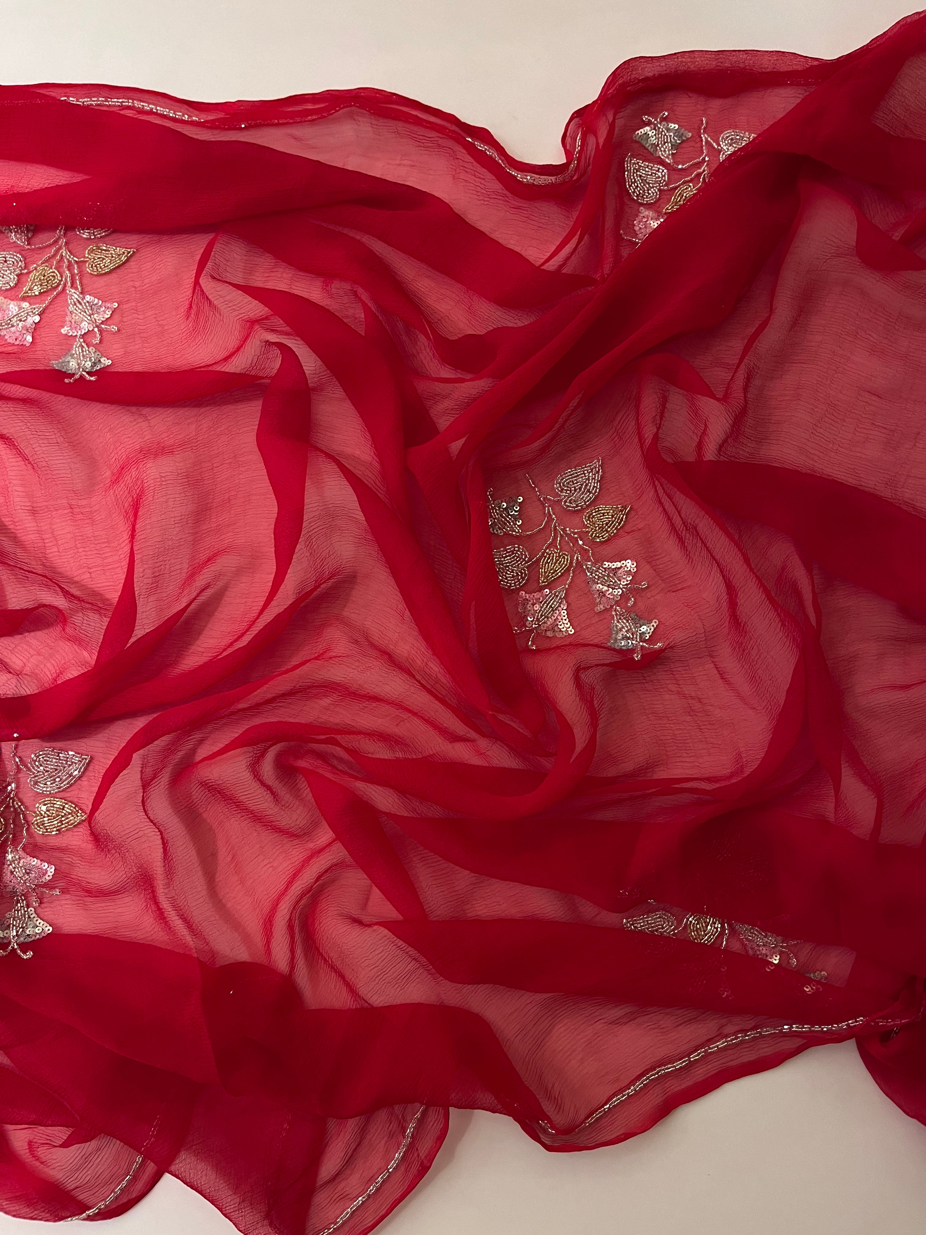 Red Leaf Pure Chiffon Saree
