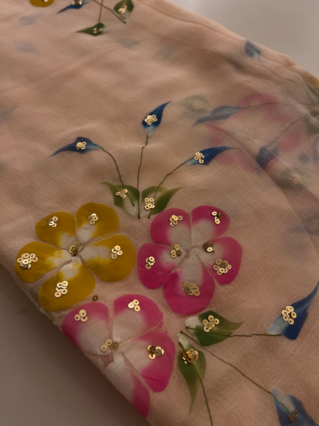 Handpainted Peach flora saree