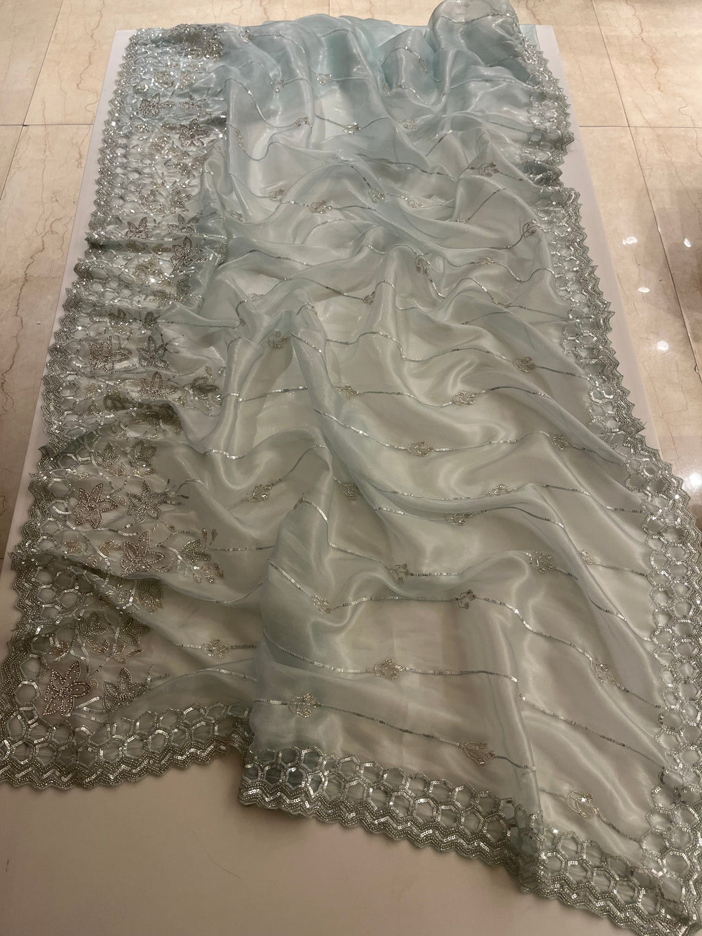 Powder Blue Sequins Saree