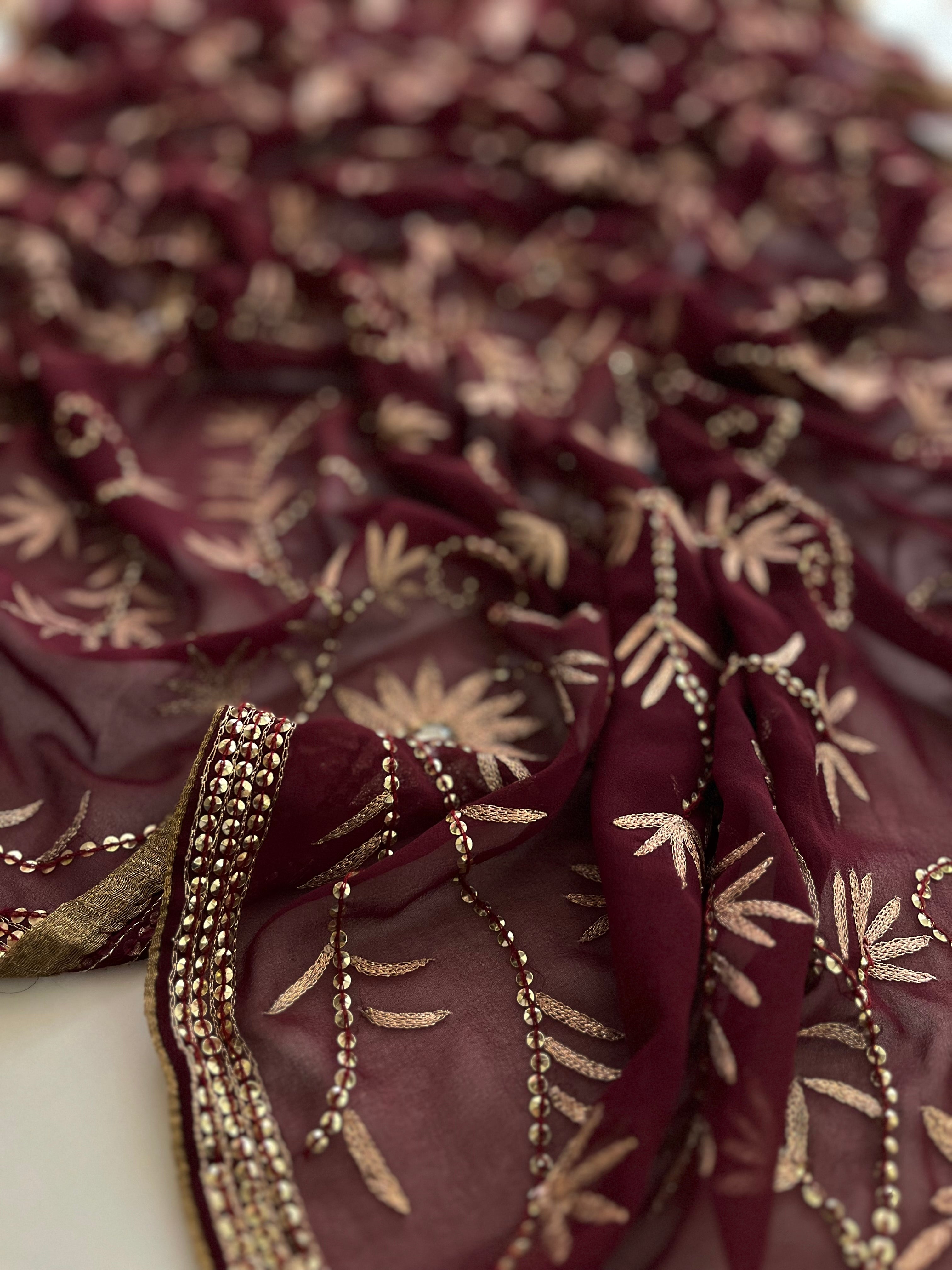 sequins and resham wine saree