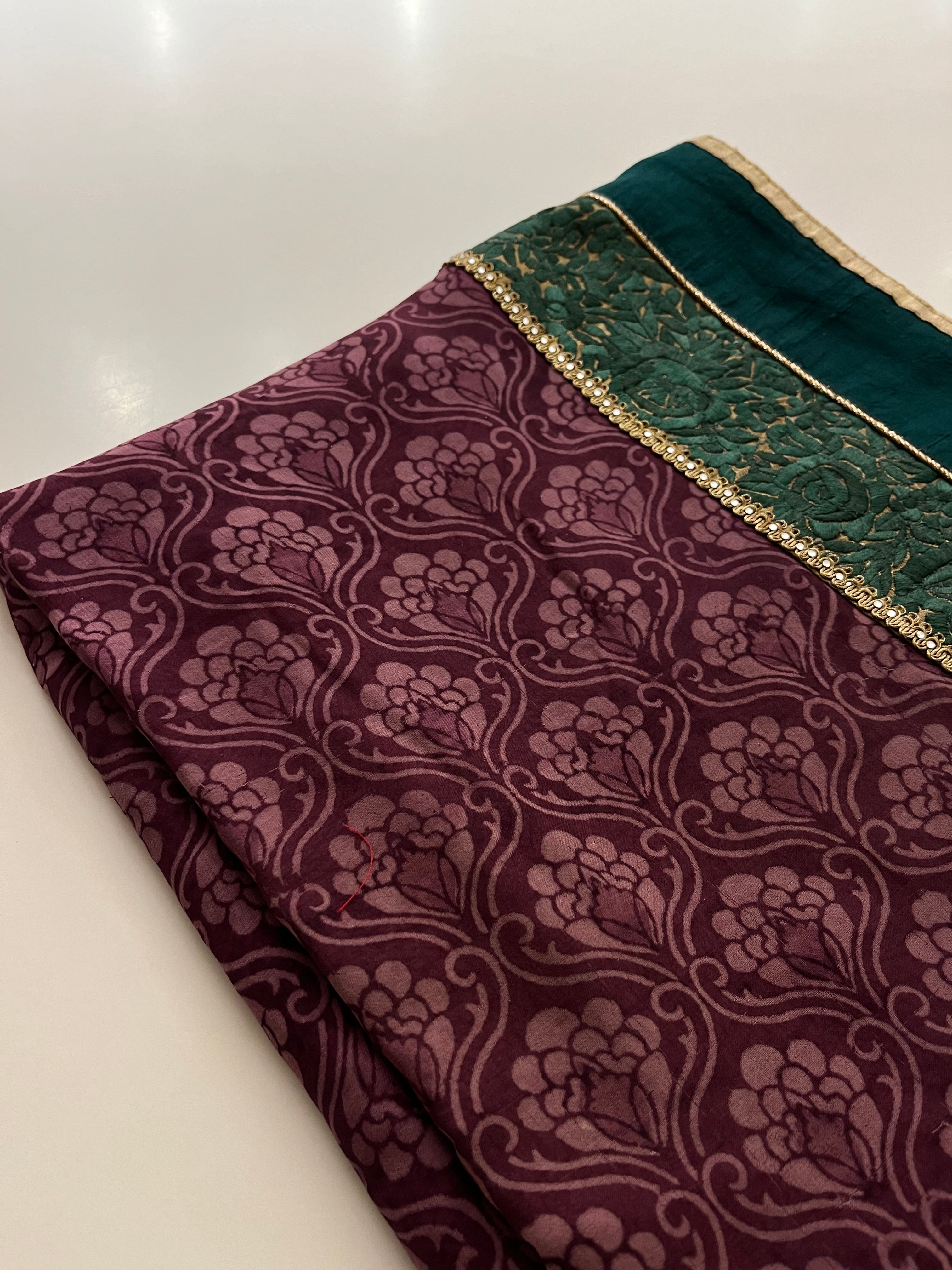 wine and green printed saree