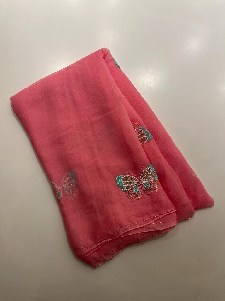 Strawberry pink chiffon saree