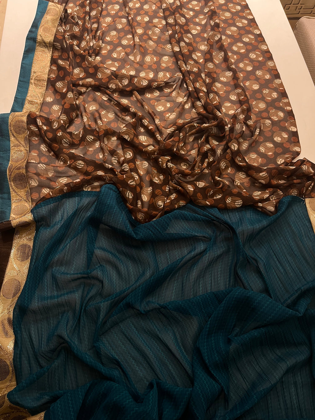 Teal & Brown half half Saree
