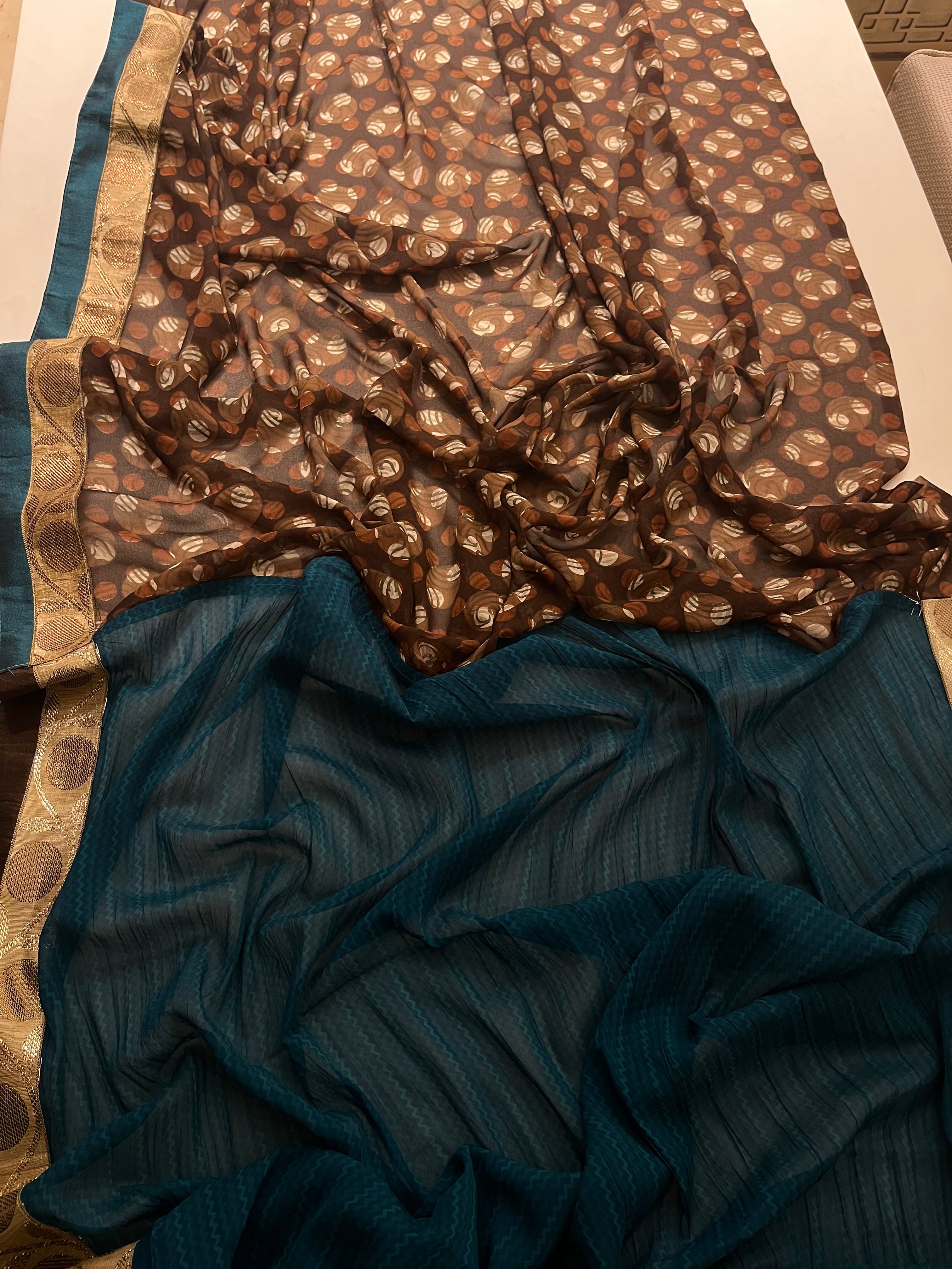 Teal & Brown half half Saree