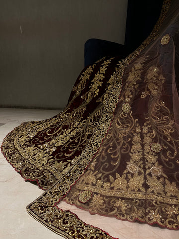 Bridal Mahroon And Golden Lehenga Set