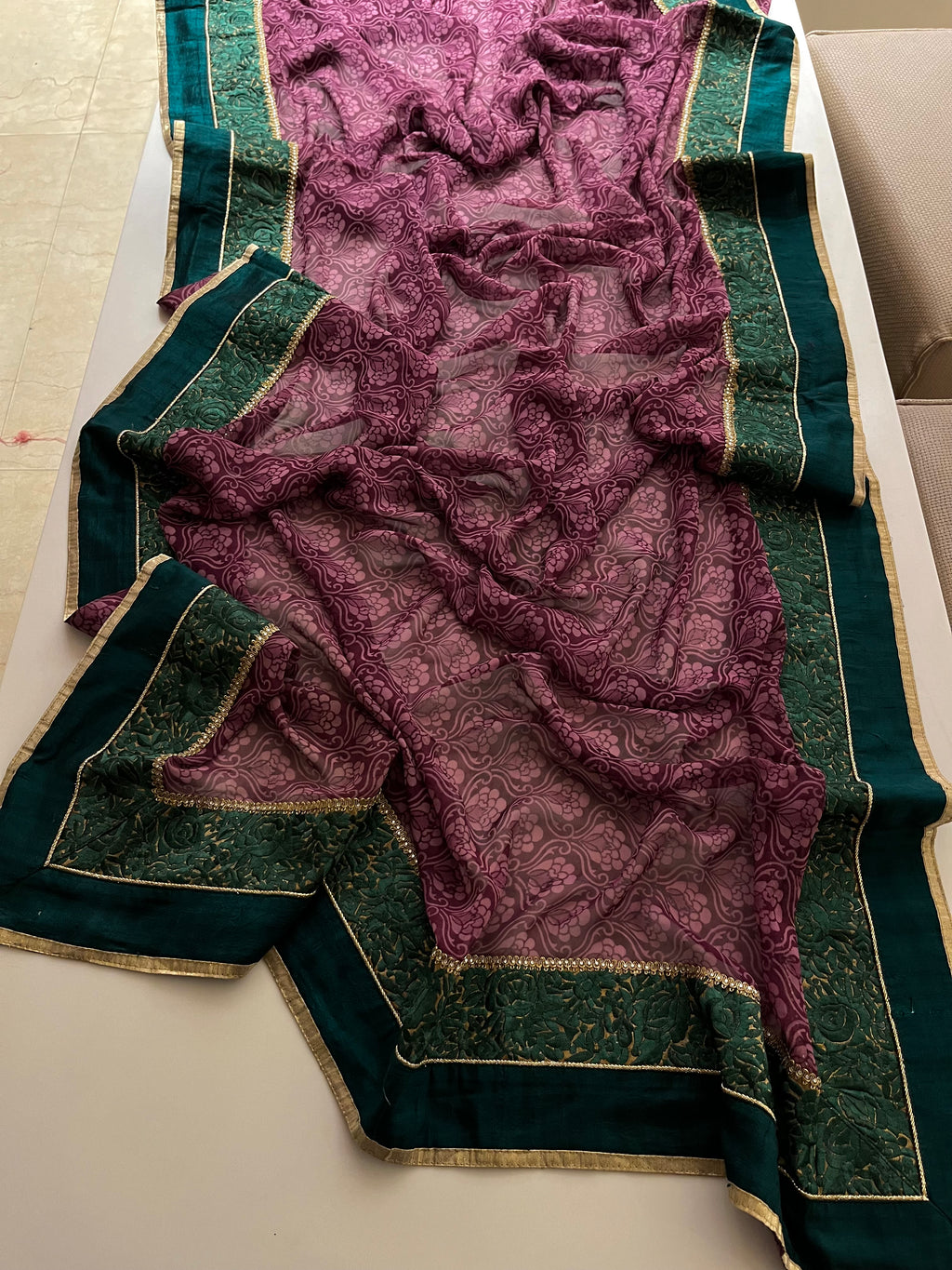 wine and green printed saree