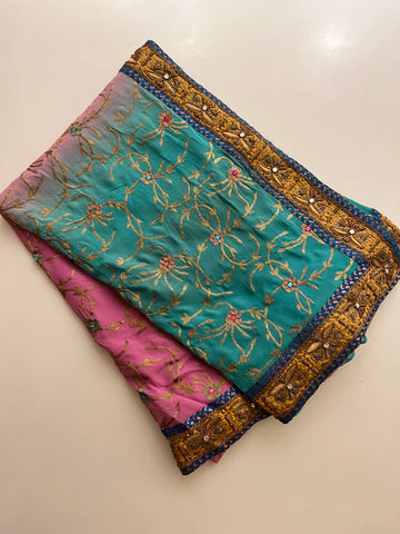 Pink to Blue zari saree