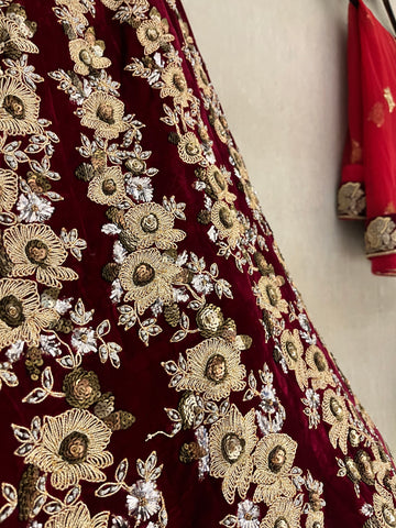 Mahroon Velvet Bridal Lehenga Set