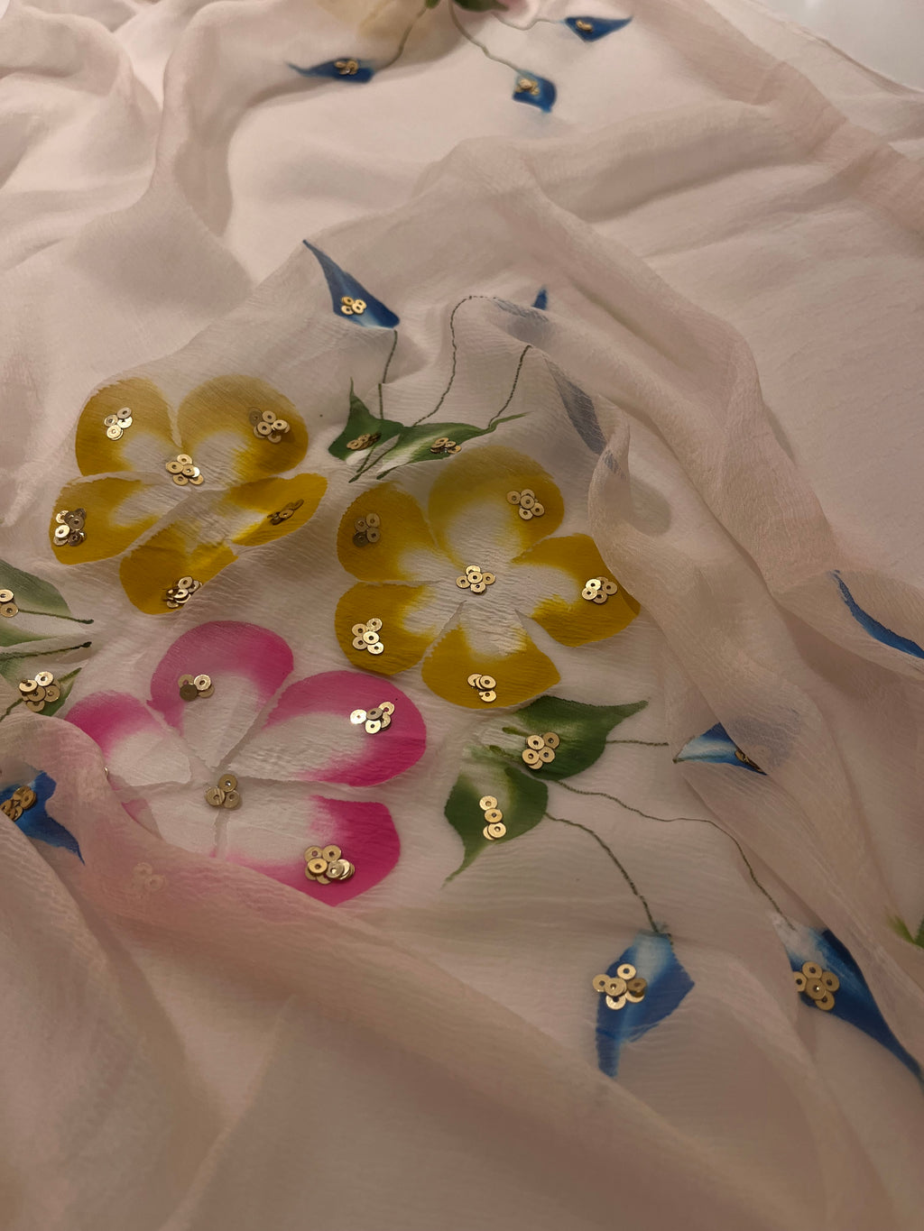 Handpainted Peach flora saree