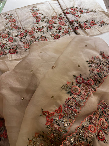 Ivory Handwork Organza saree