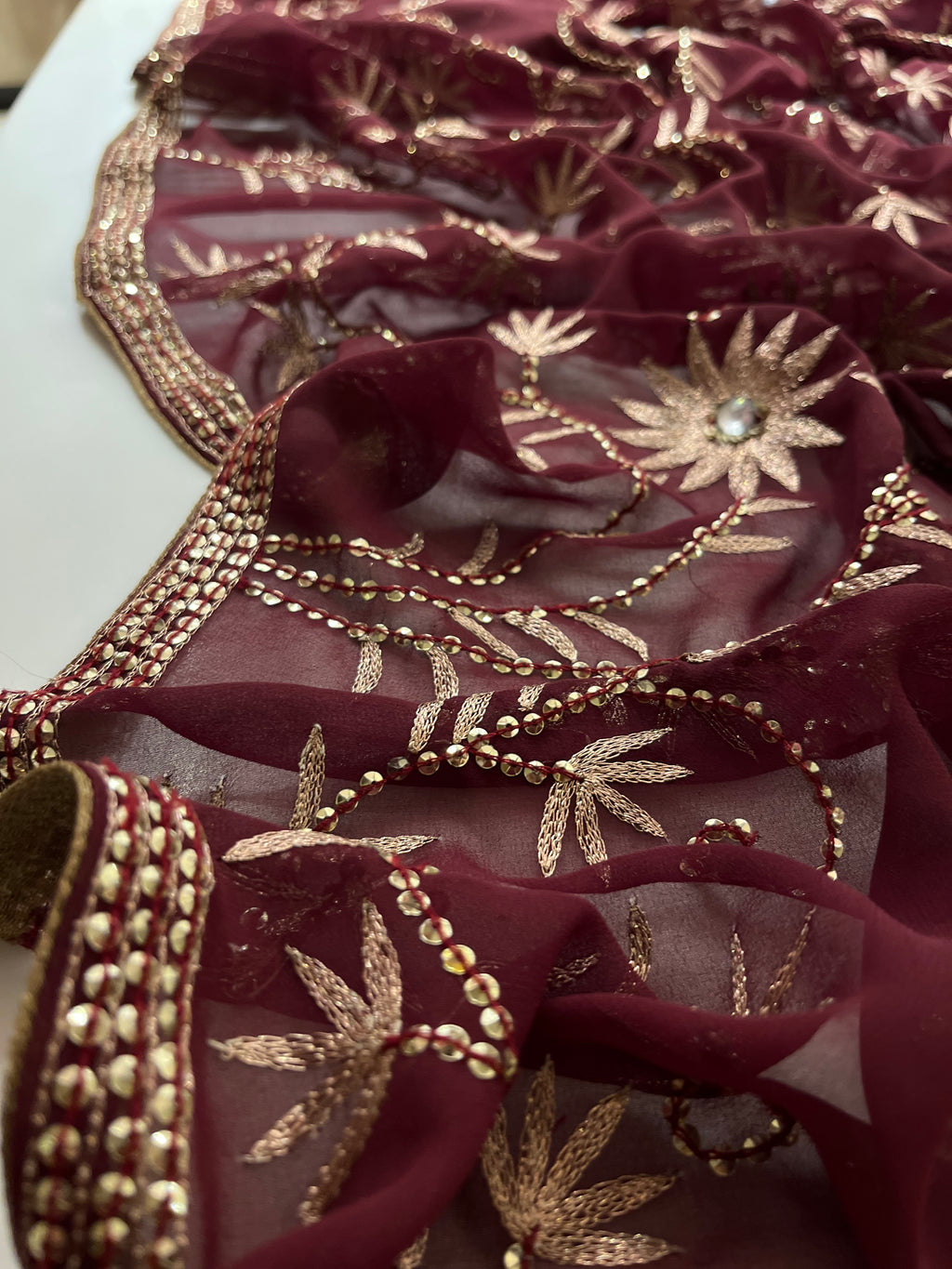 sequins and resham wine saree