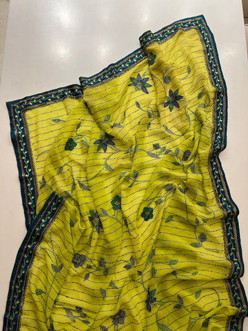 Yellow Green georgette saree