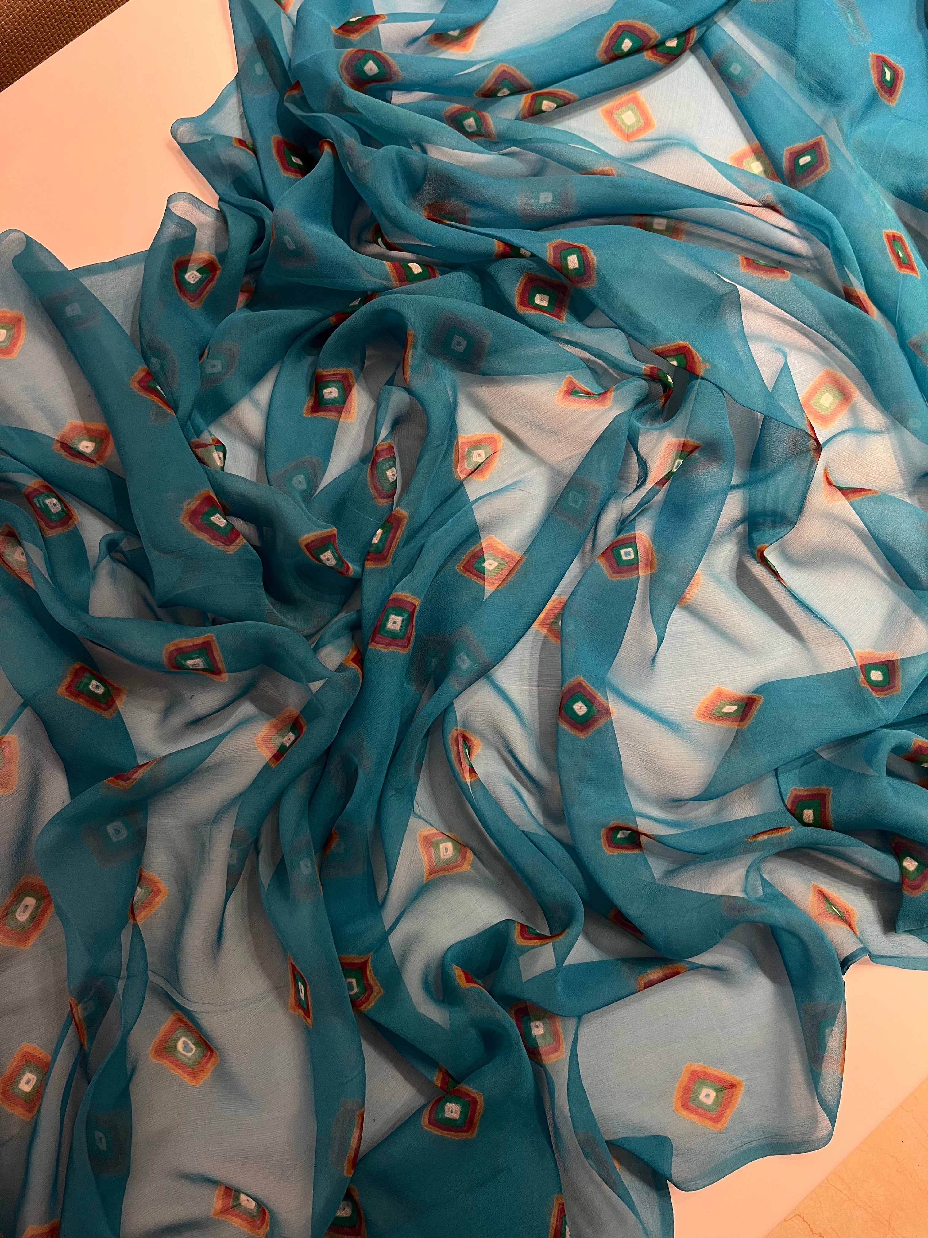 Blue Chiffon Bandej Saree
