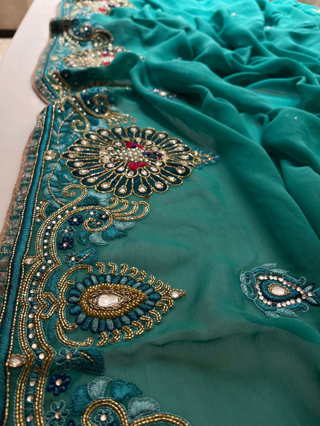 Teal Peacock Saree