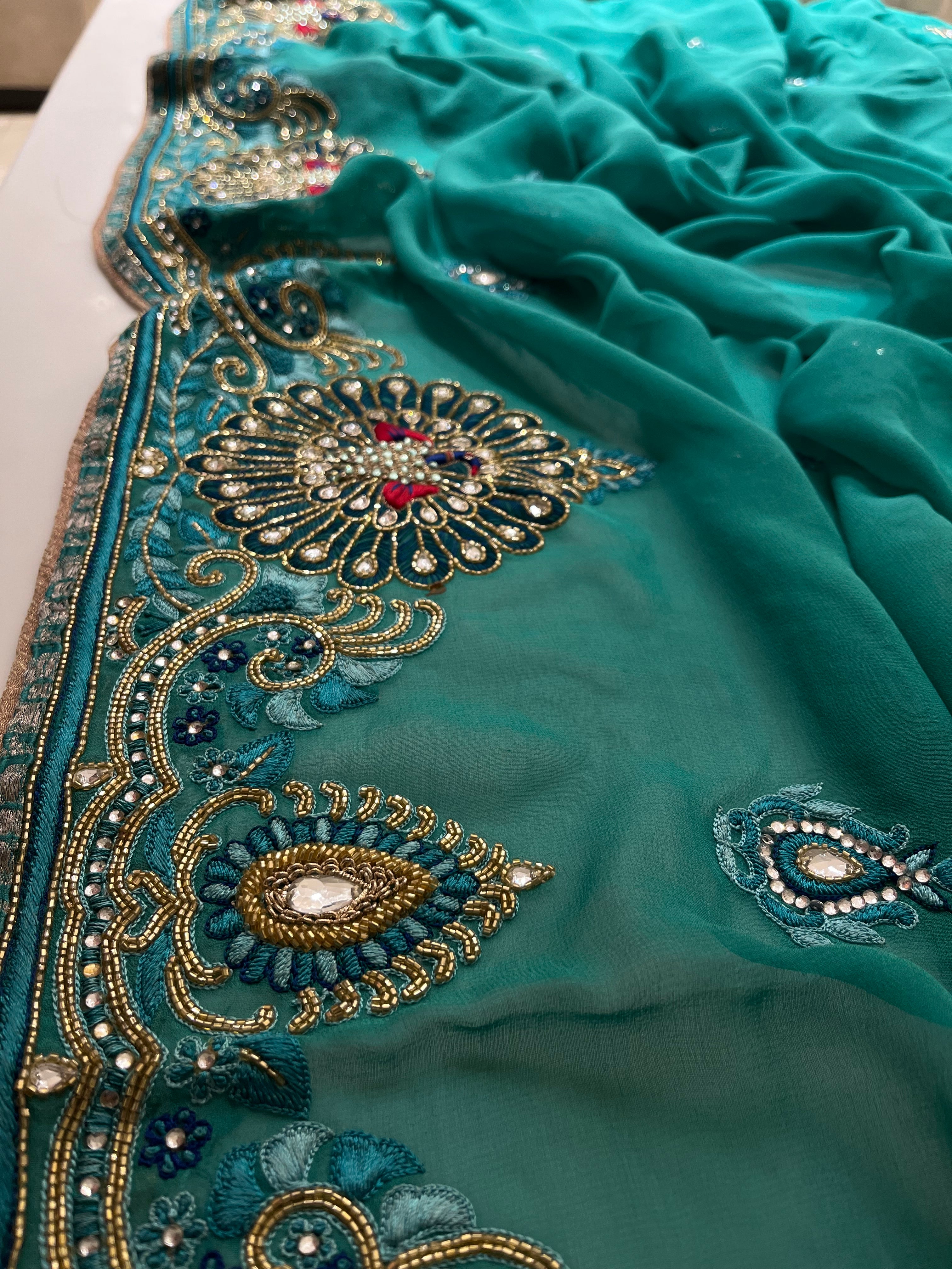 Teal Peacock Saree