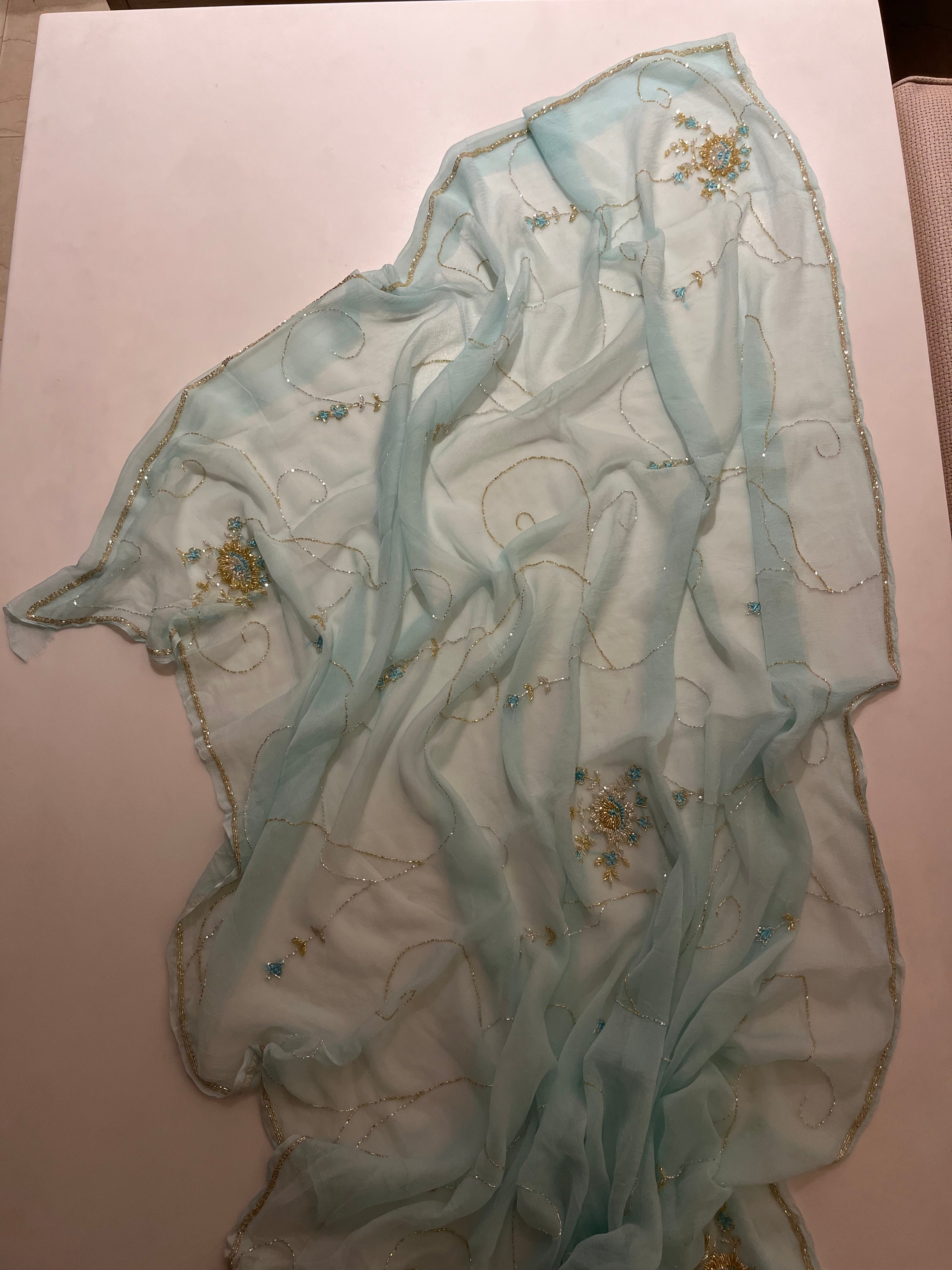 Aqua Blue pure chiffon saree