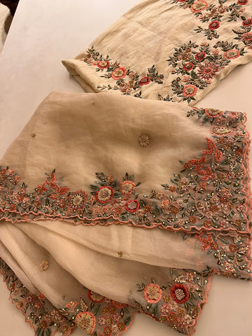 Ivory Handwork Organza saree