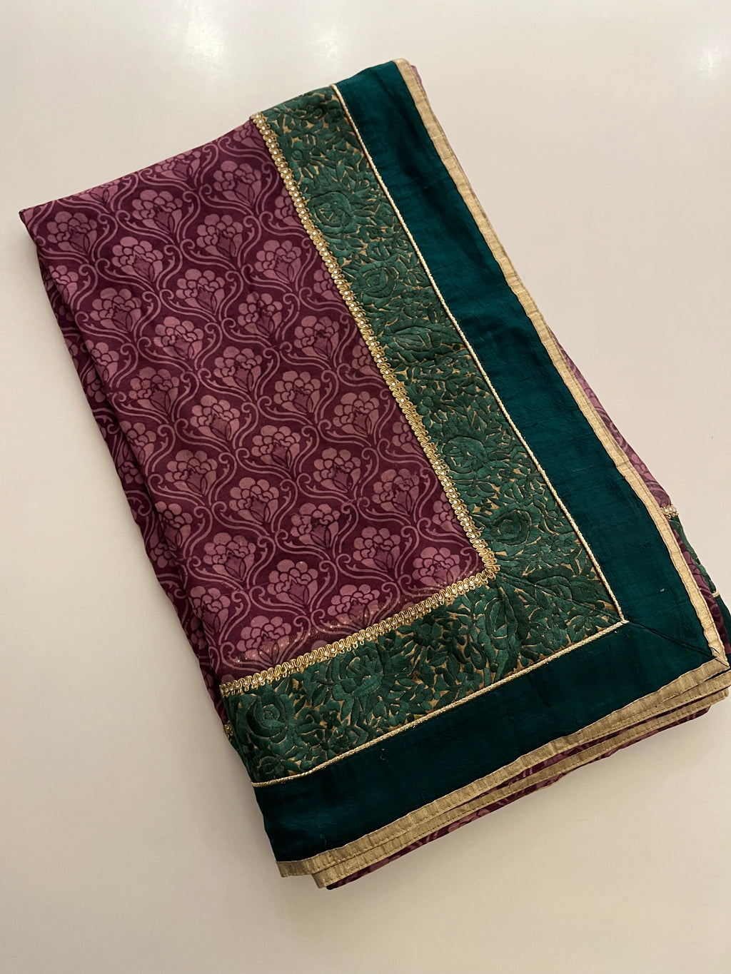 wine and green printed saree