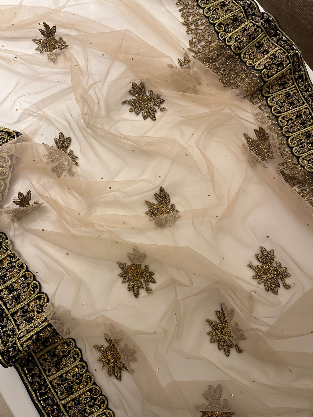 Beige Net & Velvet Saree