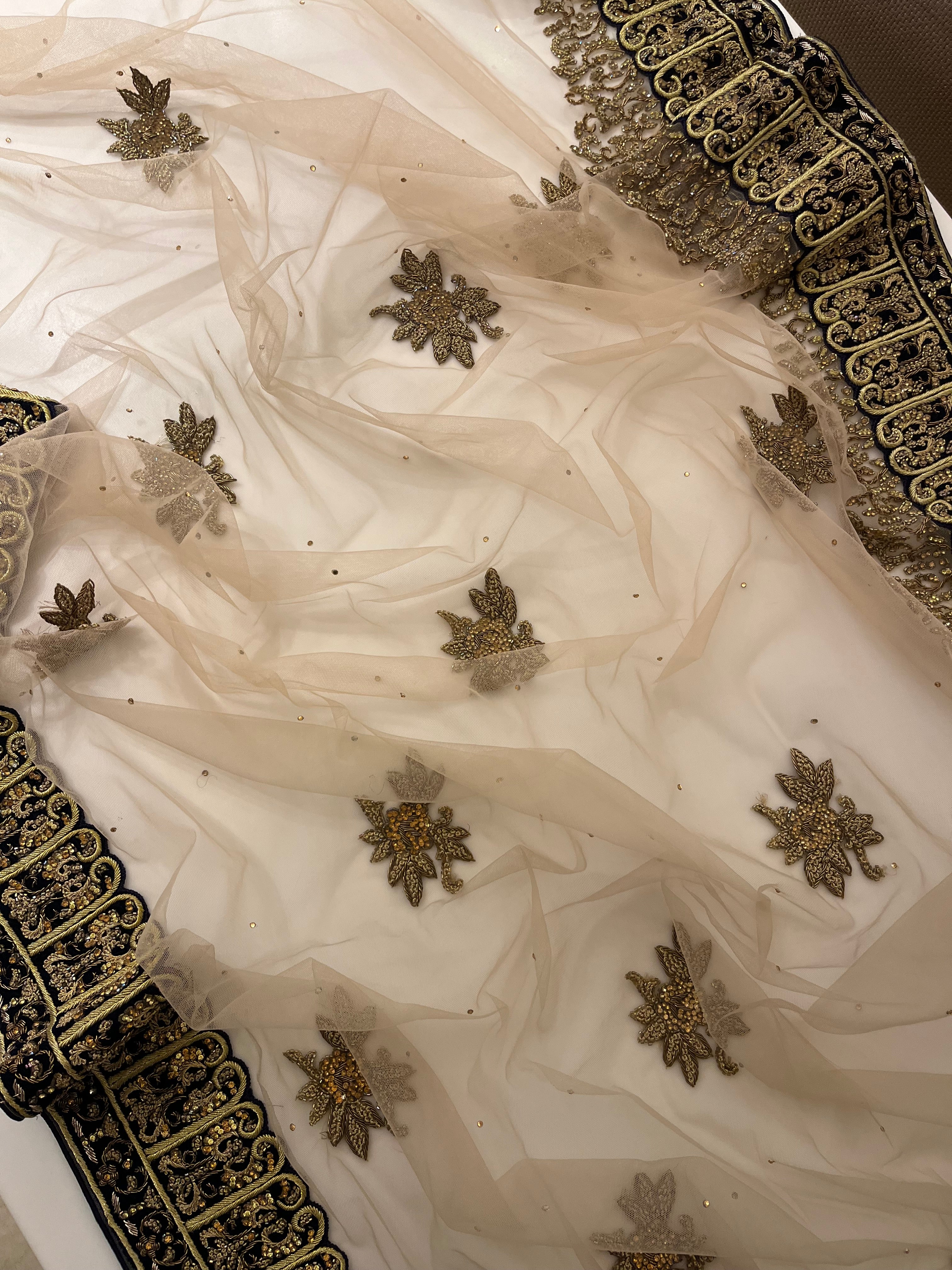 Beige Net & Velvet Saree