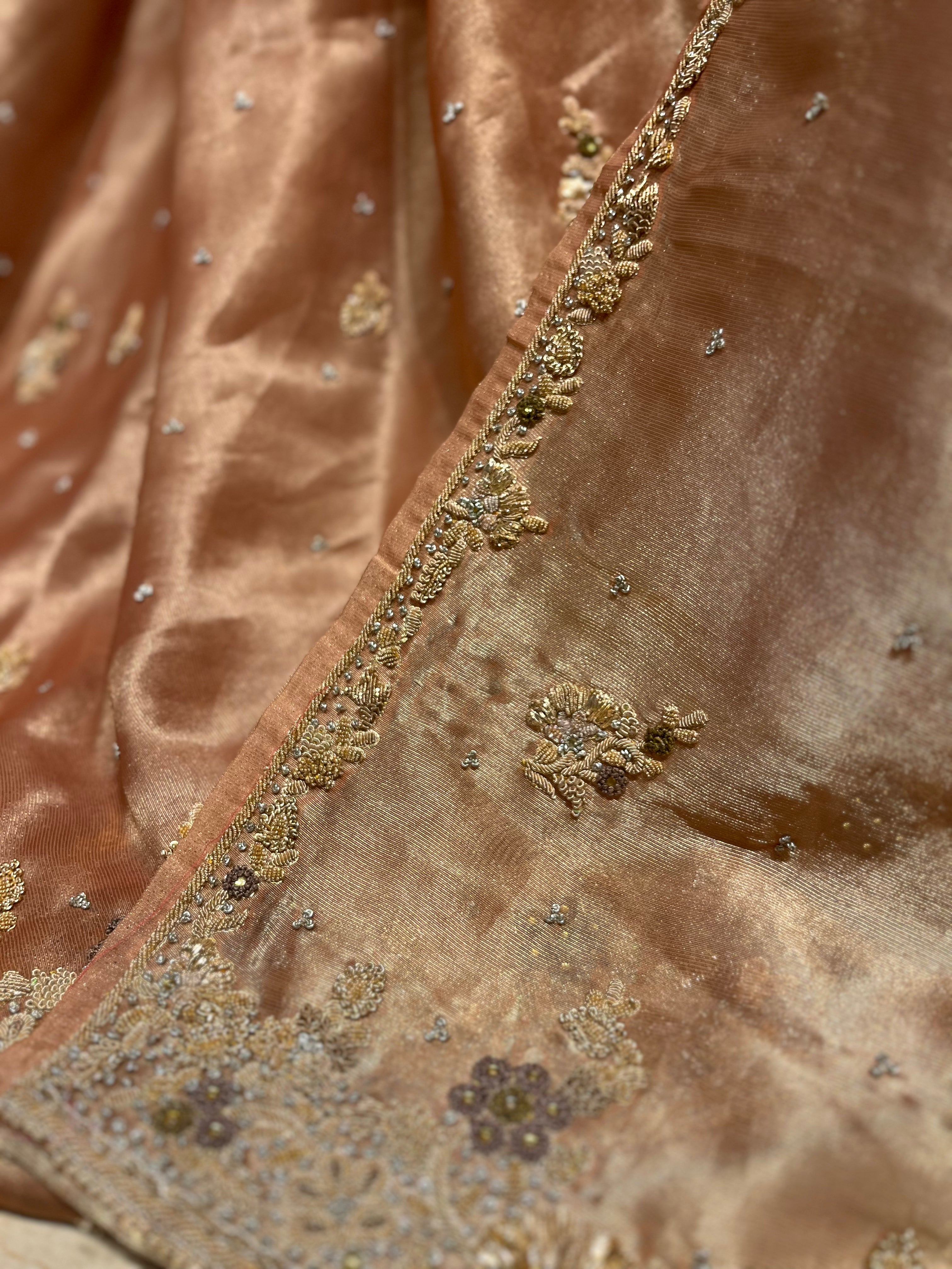 Antique zardosi Peachish Gold Lehenga