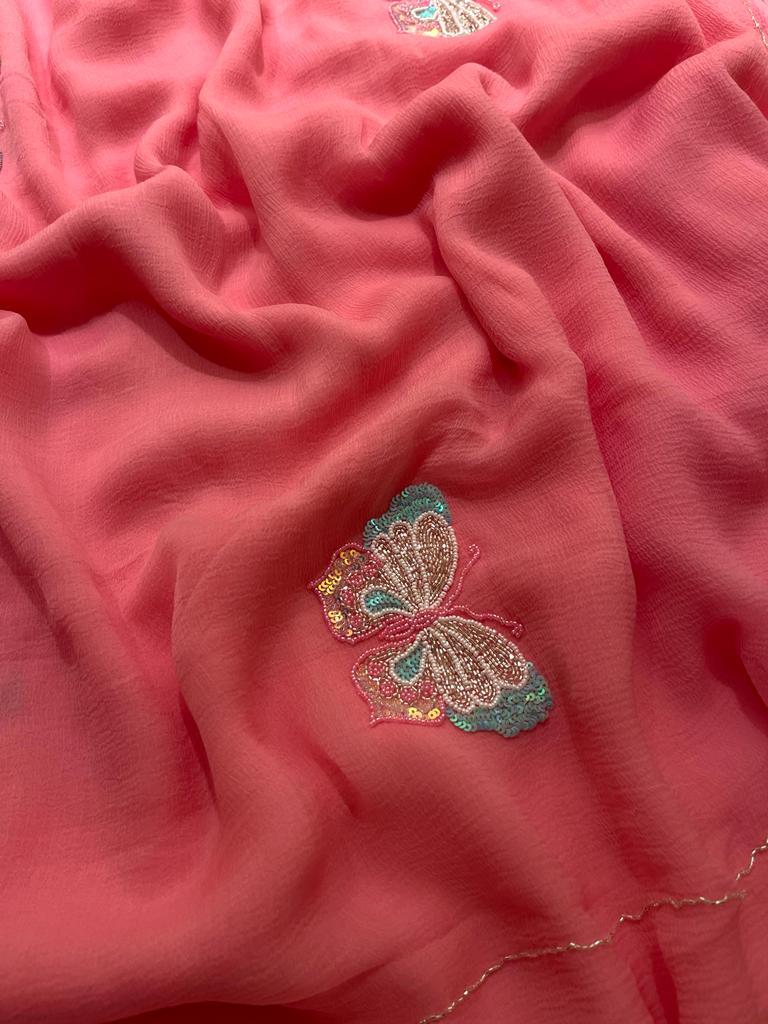 Jolie Peach Pink chiffon saree