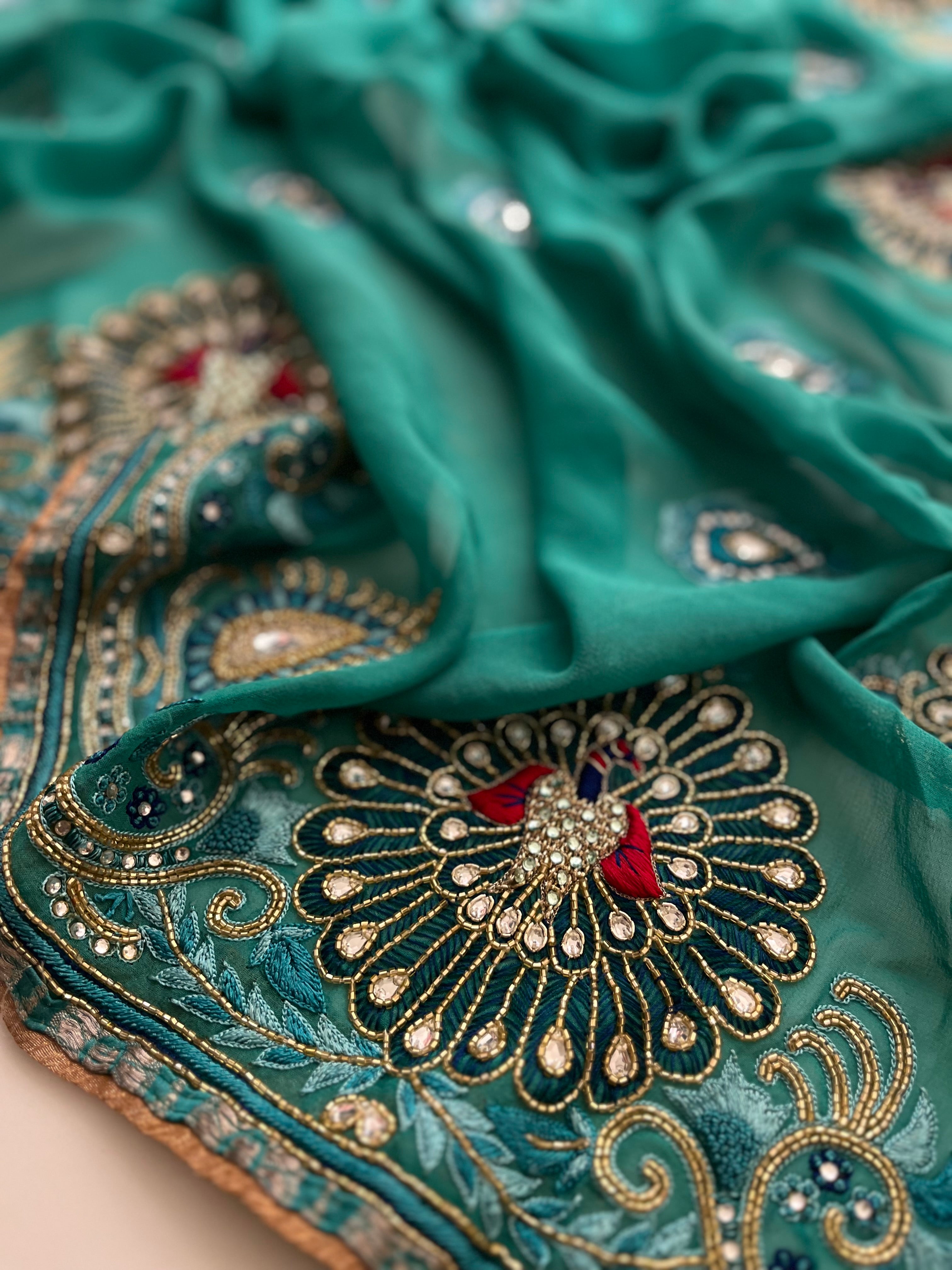 Teal Peacock Saree