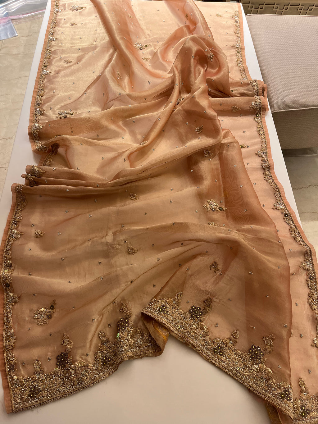 Antique zardosi Peachish Gold Lehenga