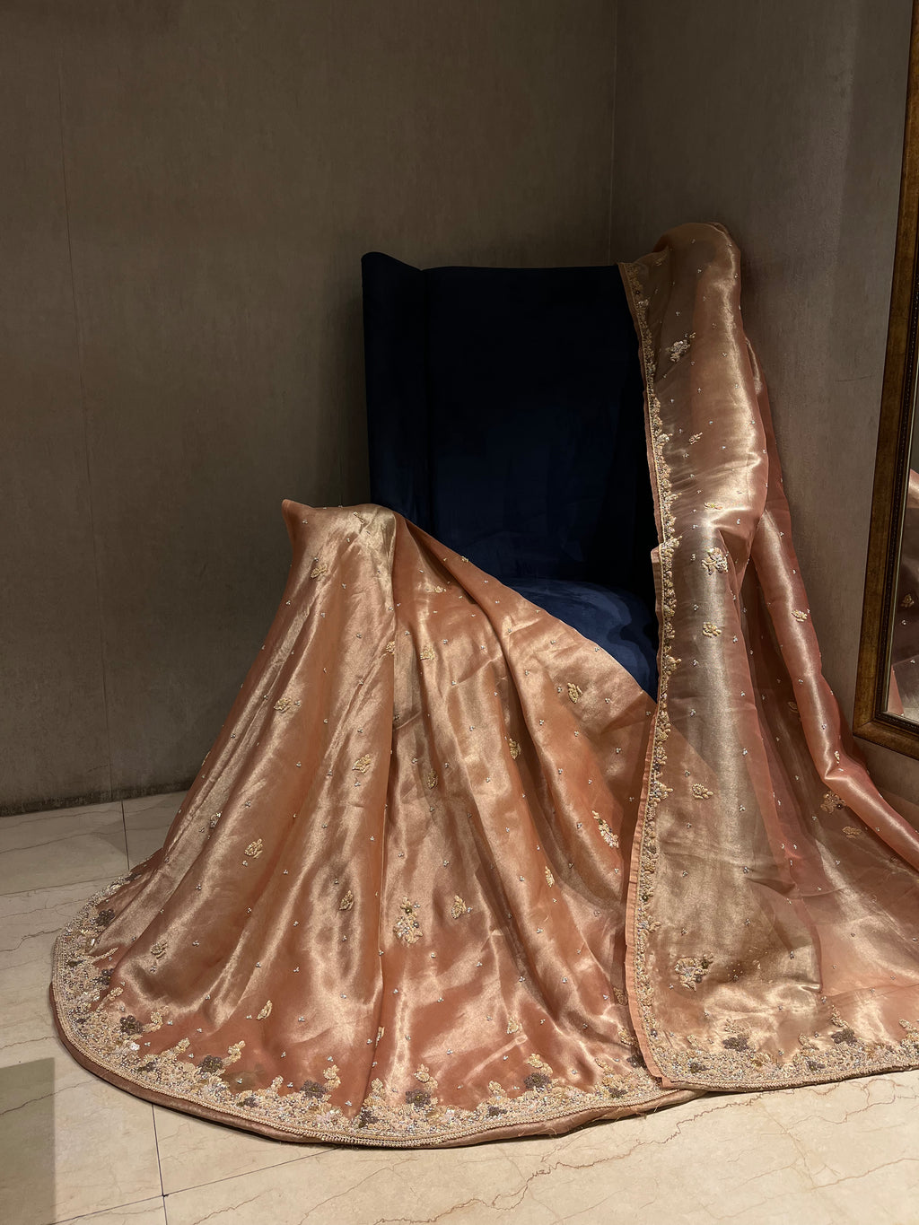 Antique zardosi Peachish Gold Lehenga