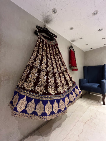 Mahroon Velvet Bridal Lehenga Set